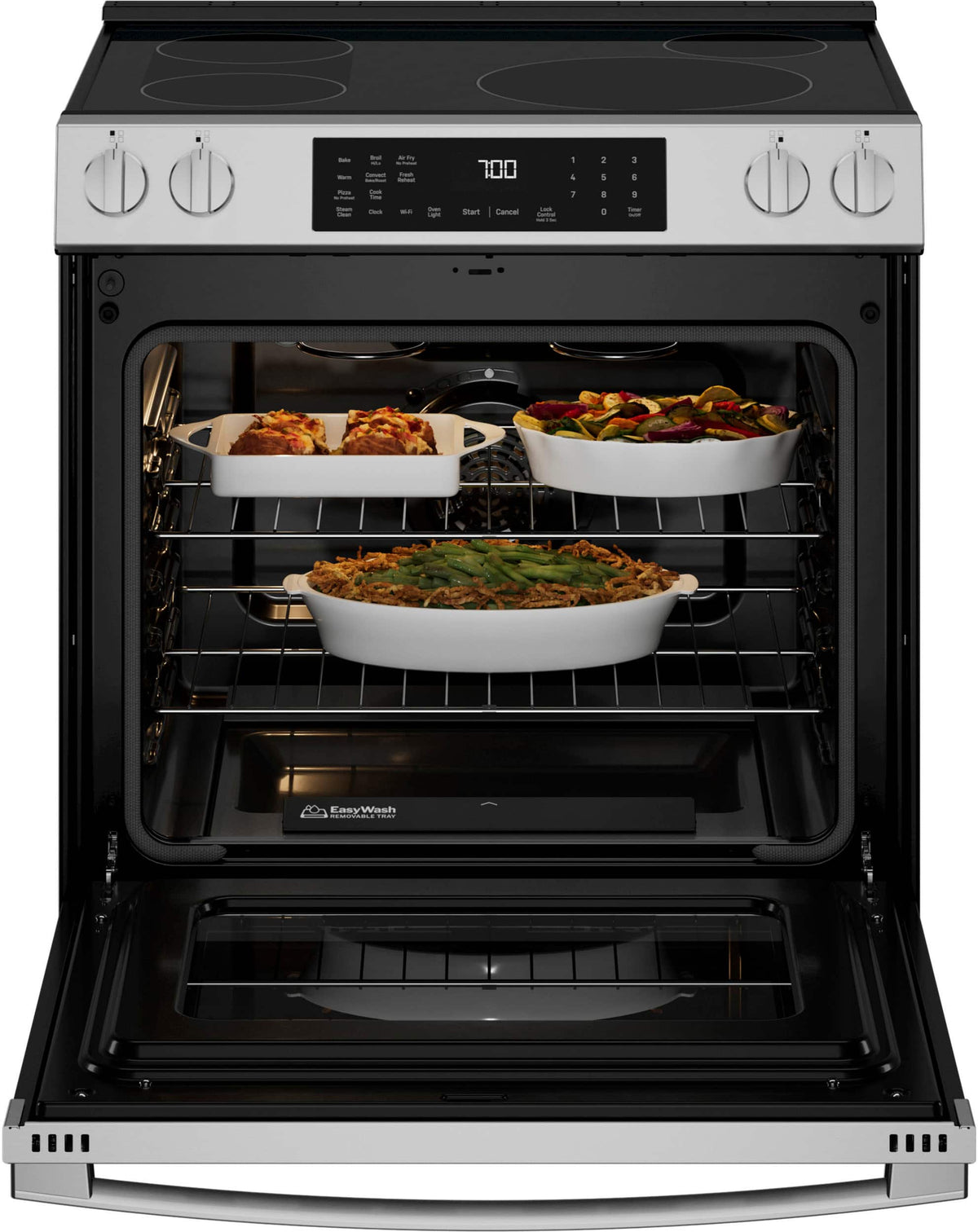 GE Profile - 30 in. Wide 4 Elements 5.3 Cu. Ft. Slide-In Electric Induction Convection Range with Air Fry and EasyWash Oven Tray - Stainless Steel