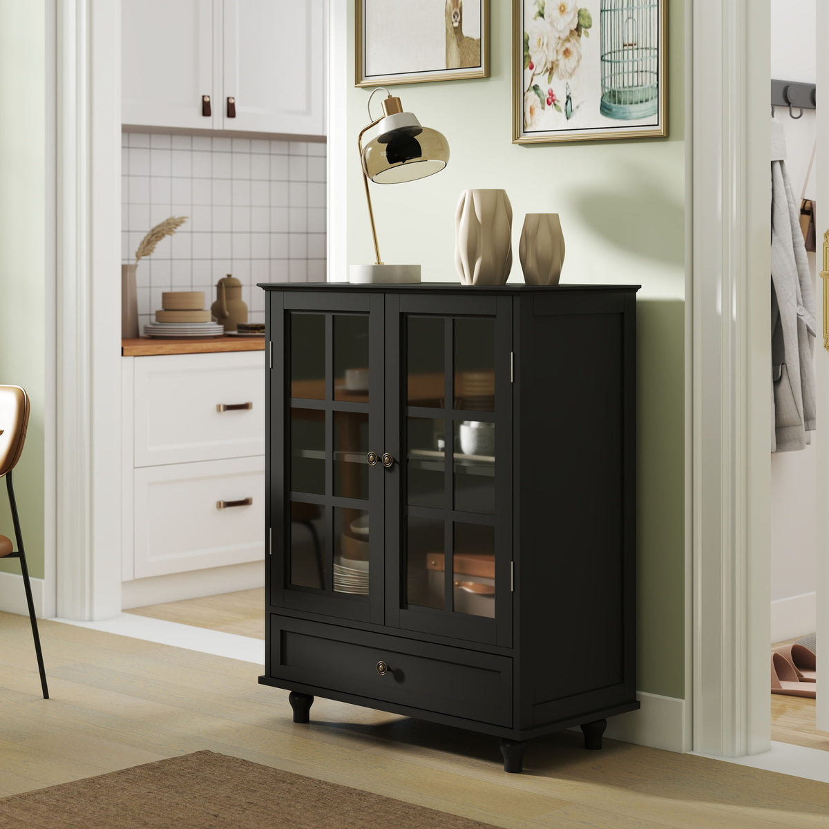 Minimalist Buffet Cabinet With Double Glass Doors And Drawer