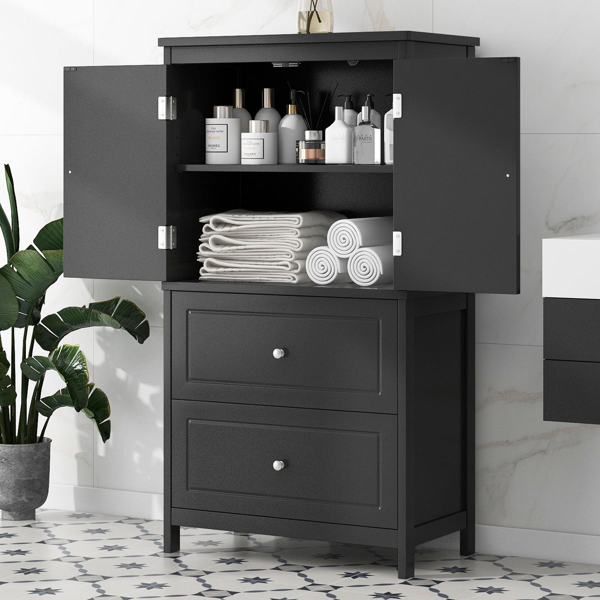 Gabinete de almacenamiento para baño con 2 puertas y cajones, estante ajustable