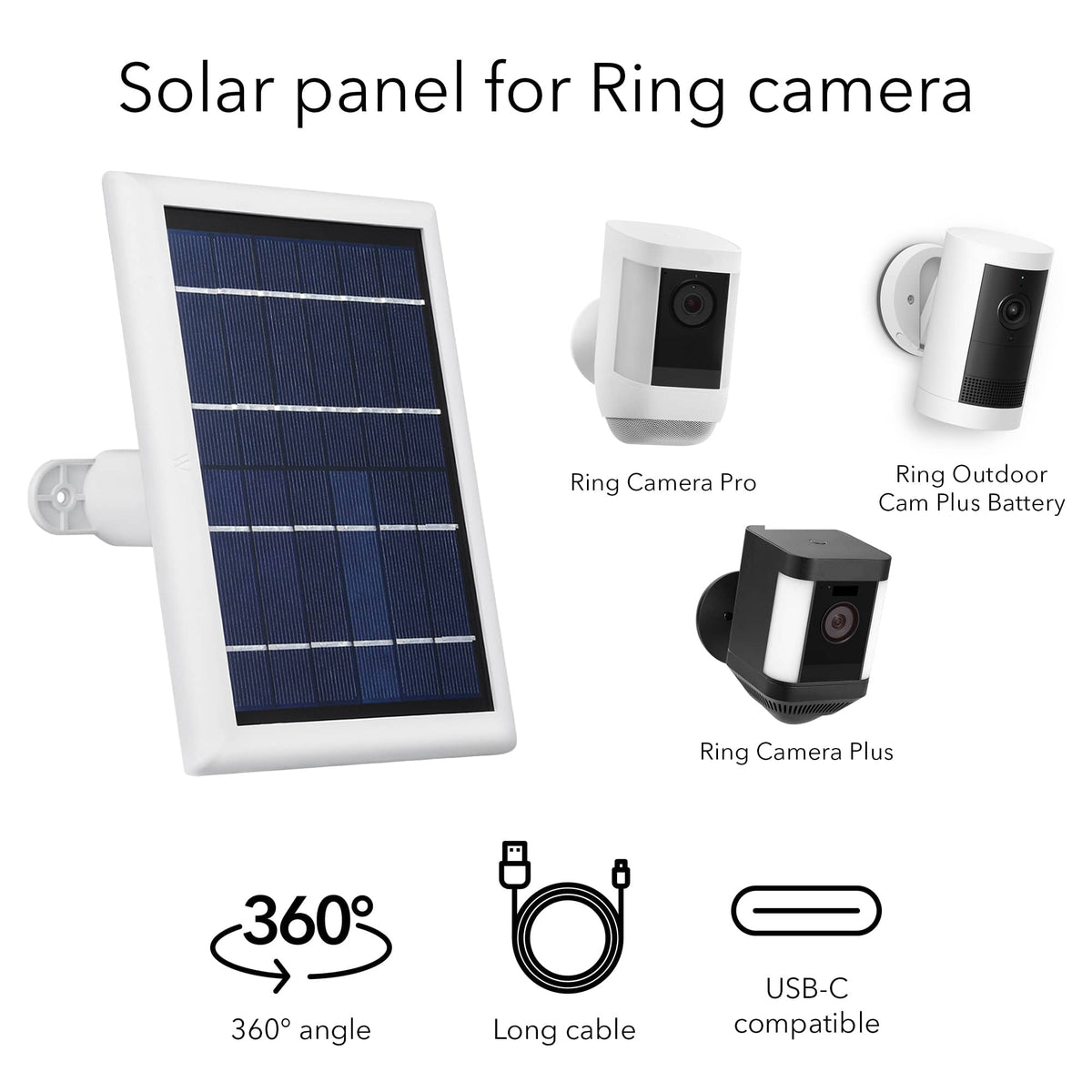 Wasserstein - Solar Panel for Ring Spotlight Cam/Plus/Pro, Battery, Stick Up Cam/Pro, Battery & Outdoor Cam Plus, Battery (1-Pack) - White