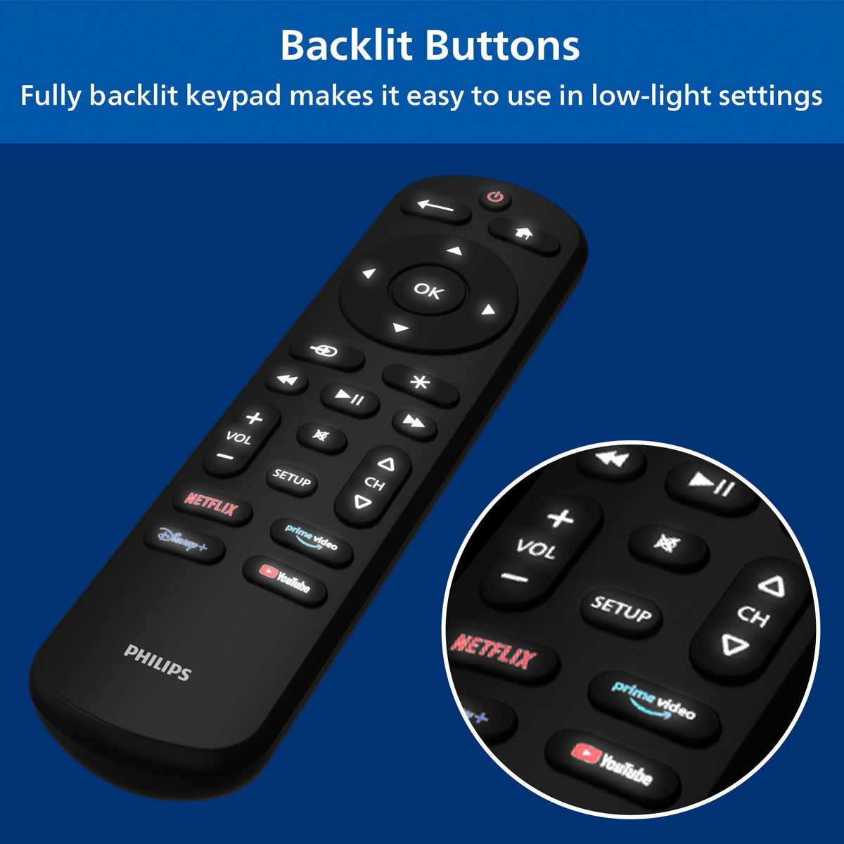 Philips - OneTouch Universal Remote Control for Samsung Smart TV, LG, Sony, VIZIO, Fire TV, Roku TV, Remote Replacement - Black