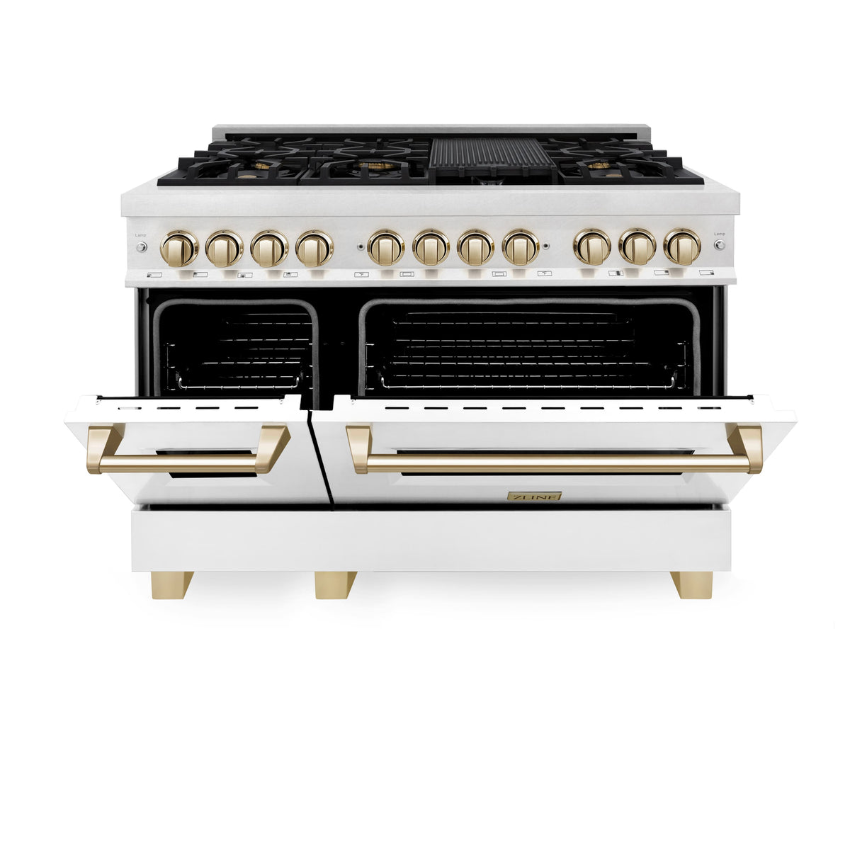 ZLINE - 48 in. Wide 8 Burner 6.0 cu. ft. Autograph Legacy Dual Fuel Freestanding Range in Satin Steel w/ White & Gold Accents - Multicolor