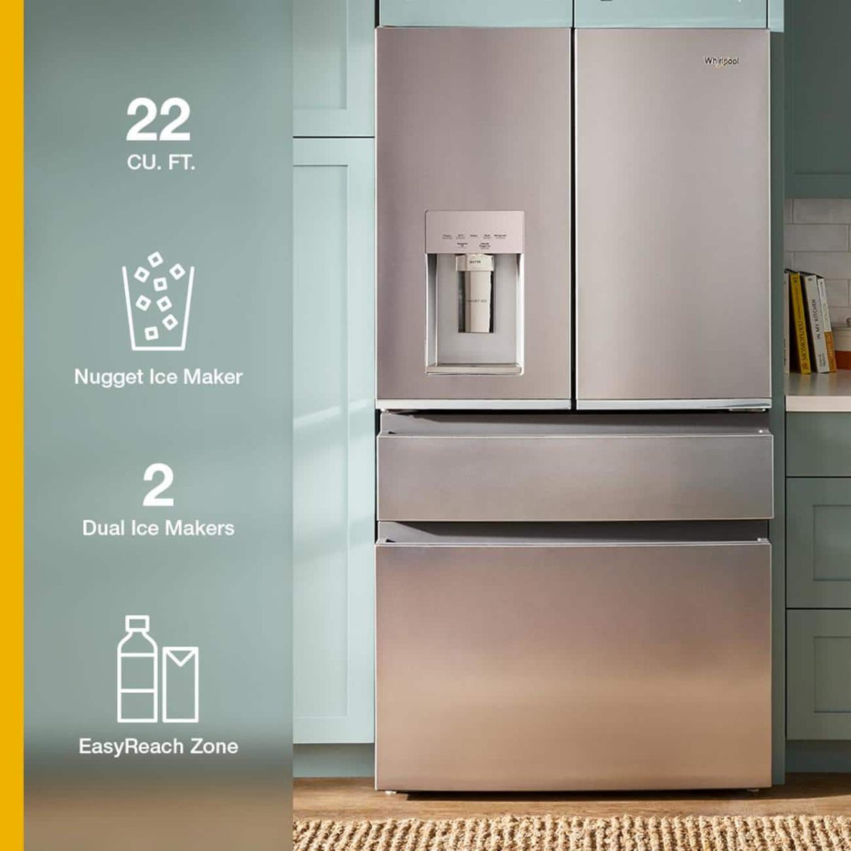 Whirlpool - 36-inch TRUE Counter Depth 4-Door French Door Refrigerator with Nugget Ice - 22 cu. ft - Fingerprint-Resistant Stainless Finish