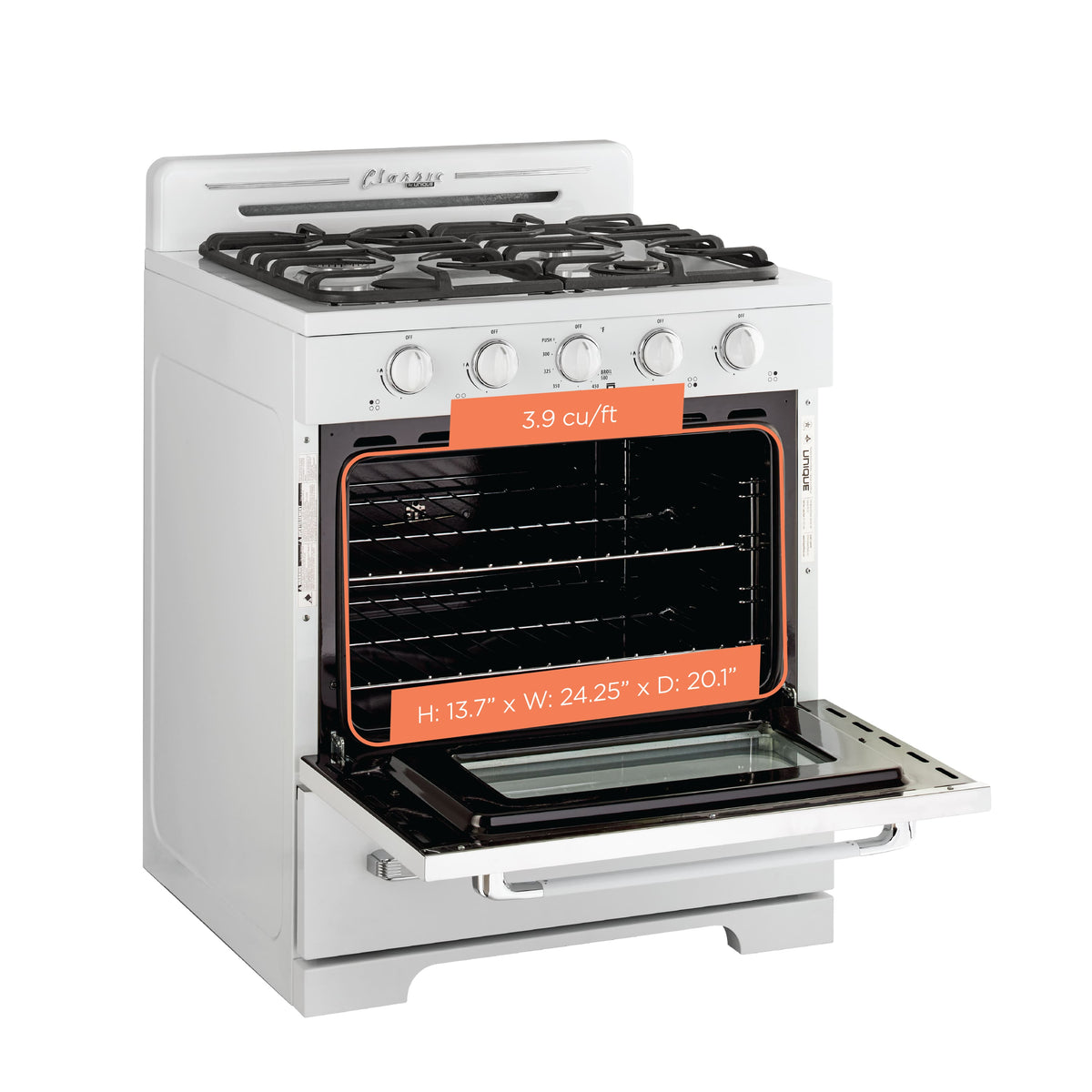 Unique Appliances - 30 in. Wide 4 burner Classic Retro 3.9 Cu. Ft.  Propane Range w/ Battery Ignition - Marshmallow White