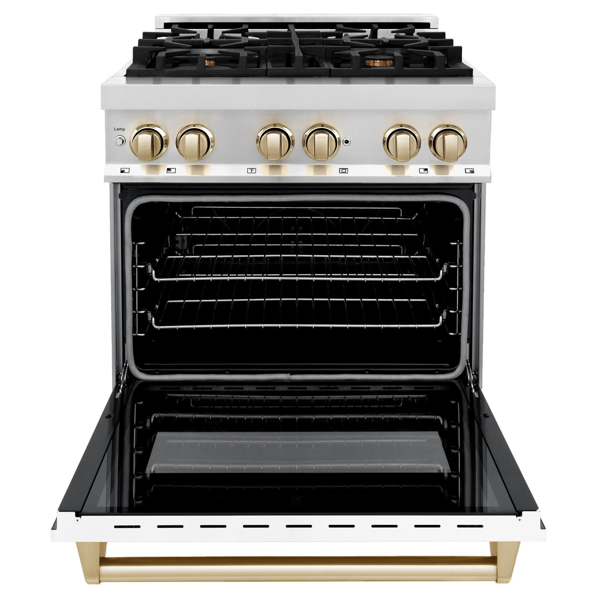 ZLINE - 30 in. Wide 4 Burner Autograph Legacy Dual Fuel Range with White & Gold Accents (RAZ-WM-30-G) - Stainless Steel/Matte White