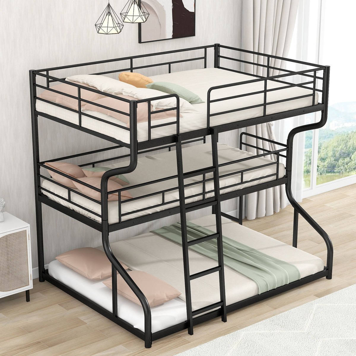 Industrial Triple Bunk Bed With Dual Ladders Frame, Space Saving Design