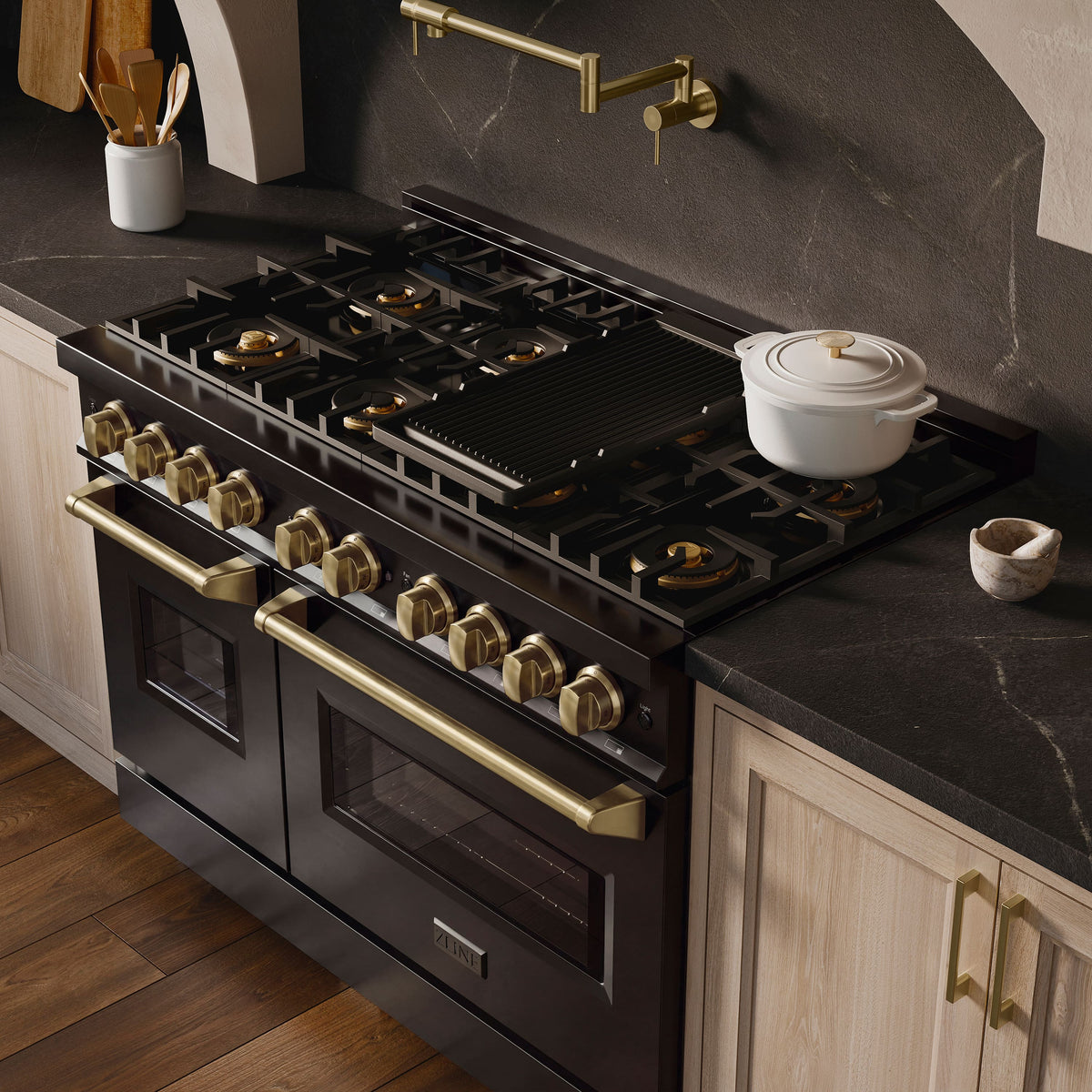 ZLINE - Autograph 48 in. 6.7 cu. ft. Classic Freestanding Black Stainless Dual Fuel Range w/ 8 DuoPro Burners & Bronze Accents - Black Stainless Steel