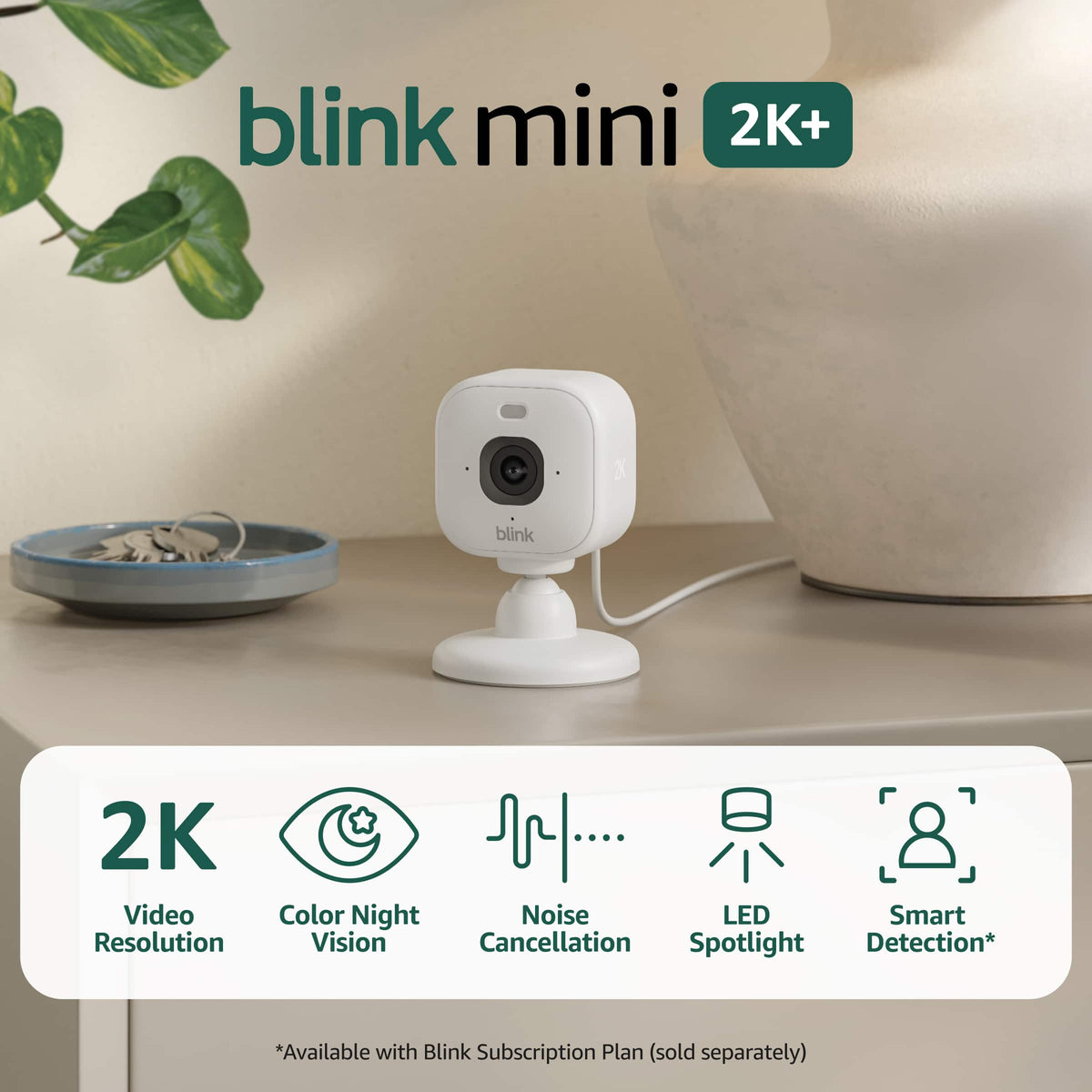 Blink - Mini 2K+ Compact plug-in security camera, 2K video resolution, color night vision, enhanced audio - 2 Cam - White