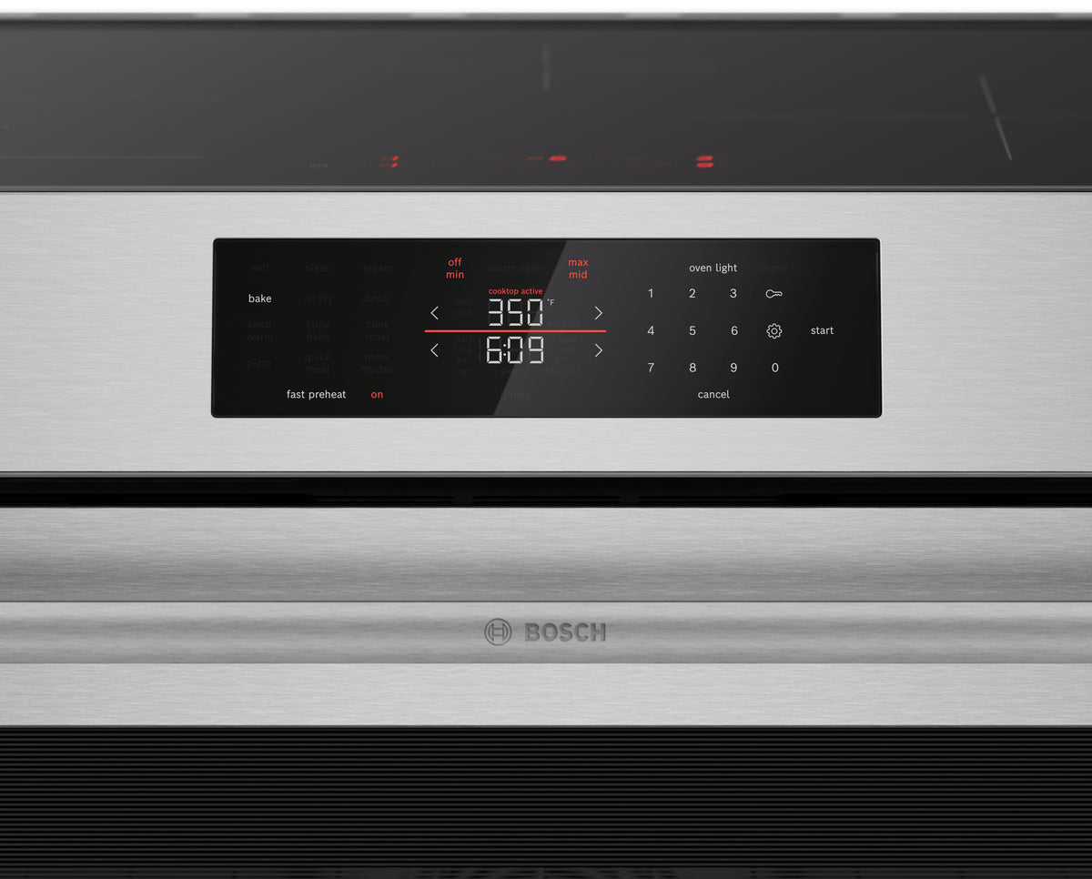 Bosch - 500 Series 30 in. Wide 5.8 Cu. Ft. Slide-In Electric Induction Range with Convection, Steam cleaning and 4 Elements - Stainless Steel
