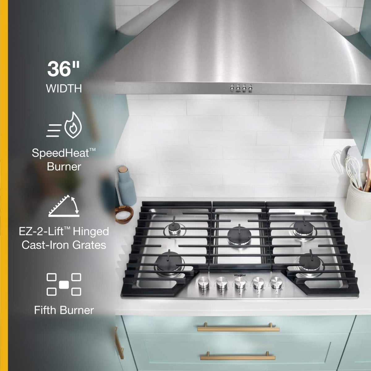 Whirlpool - 36 in. Wide 5 burners Built-In Gas Cooktop with EZ-2-Lift Hinged Cast-Iron Grates - Stainless Steel