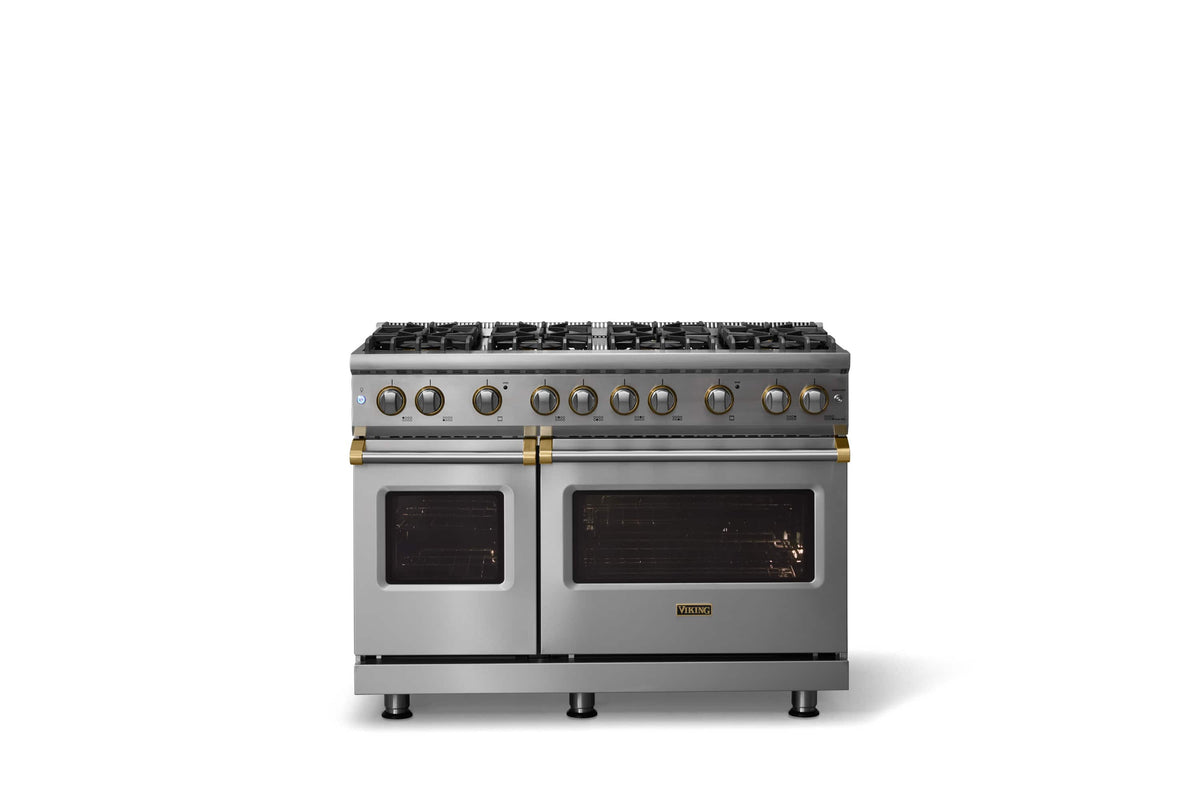 Viking - 48"W. 6.1 Cu.Ft. Freestanding Manual Clean Sealed 8B LP Gas Convection Range/Double Oven-Stainless Steel/Brushed Brass - Stainless Steel