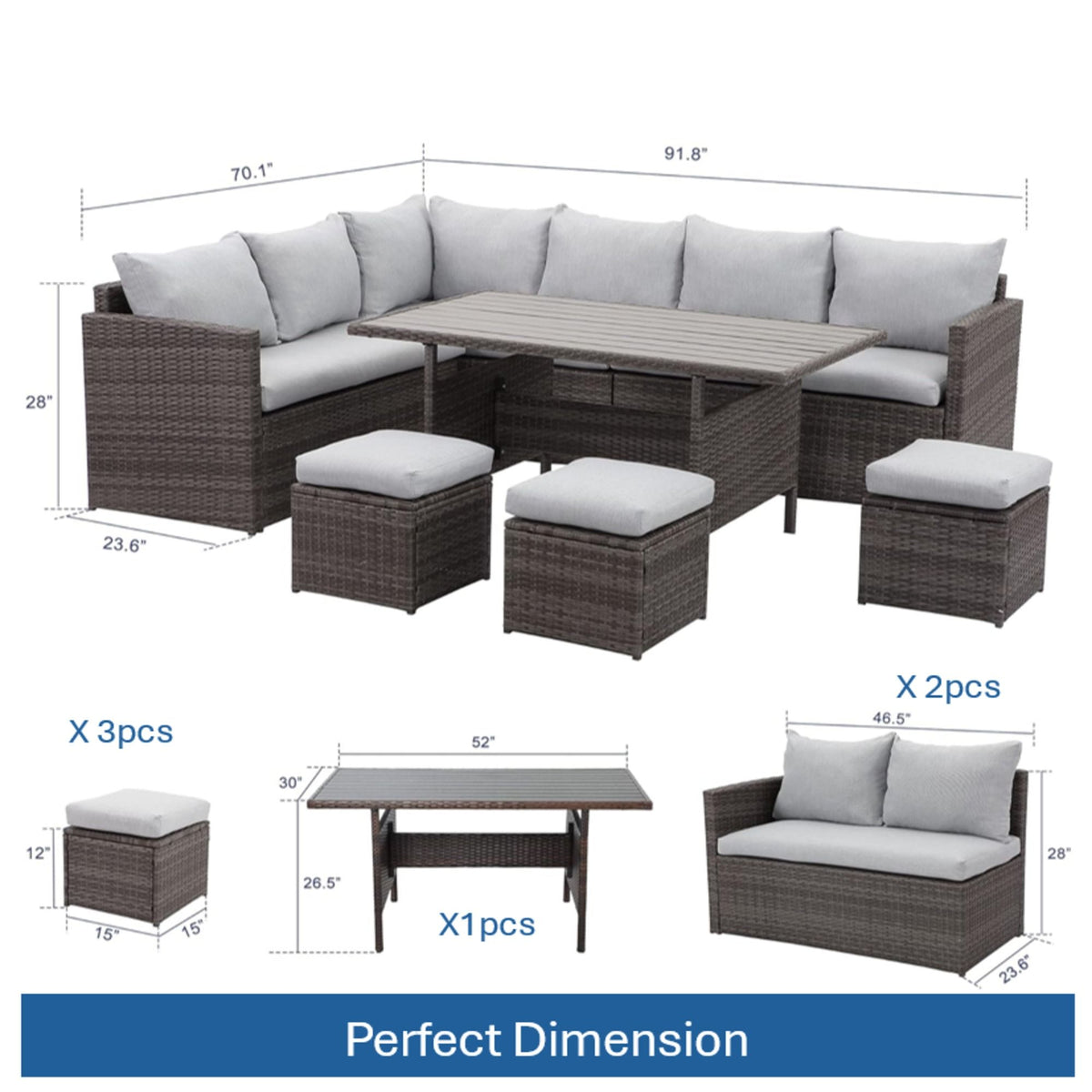 7 Piece Outdoor Dining Set With Cushions, Modular Sectional Sofa And Table