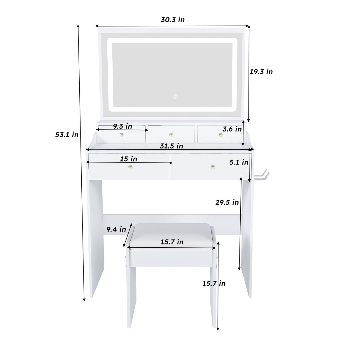 Modern Makeup Vanity Set With Power Outlet, Hair Dryer Holder, And Adjustable Lighting