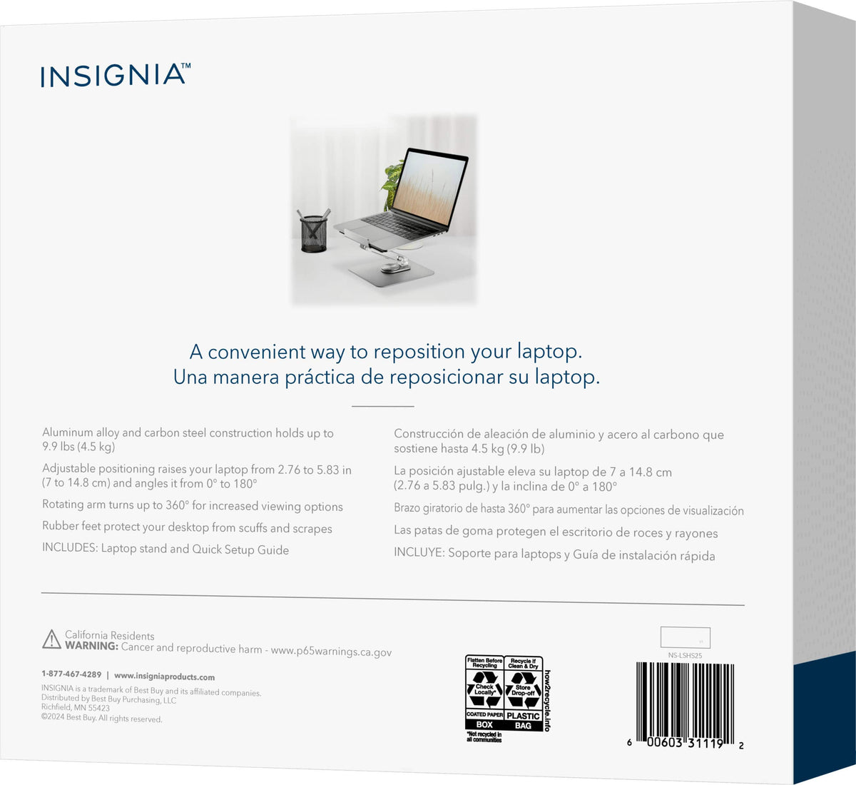 Insignia™ - Laptop Stand with Adjustable Height and Angle for Laptops up to 17” Wide - Silver