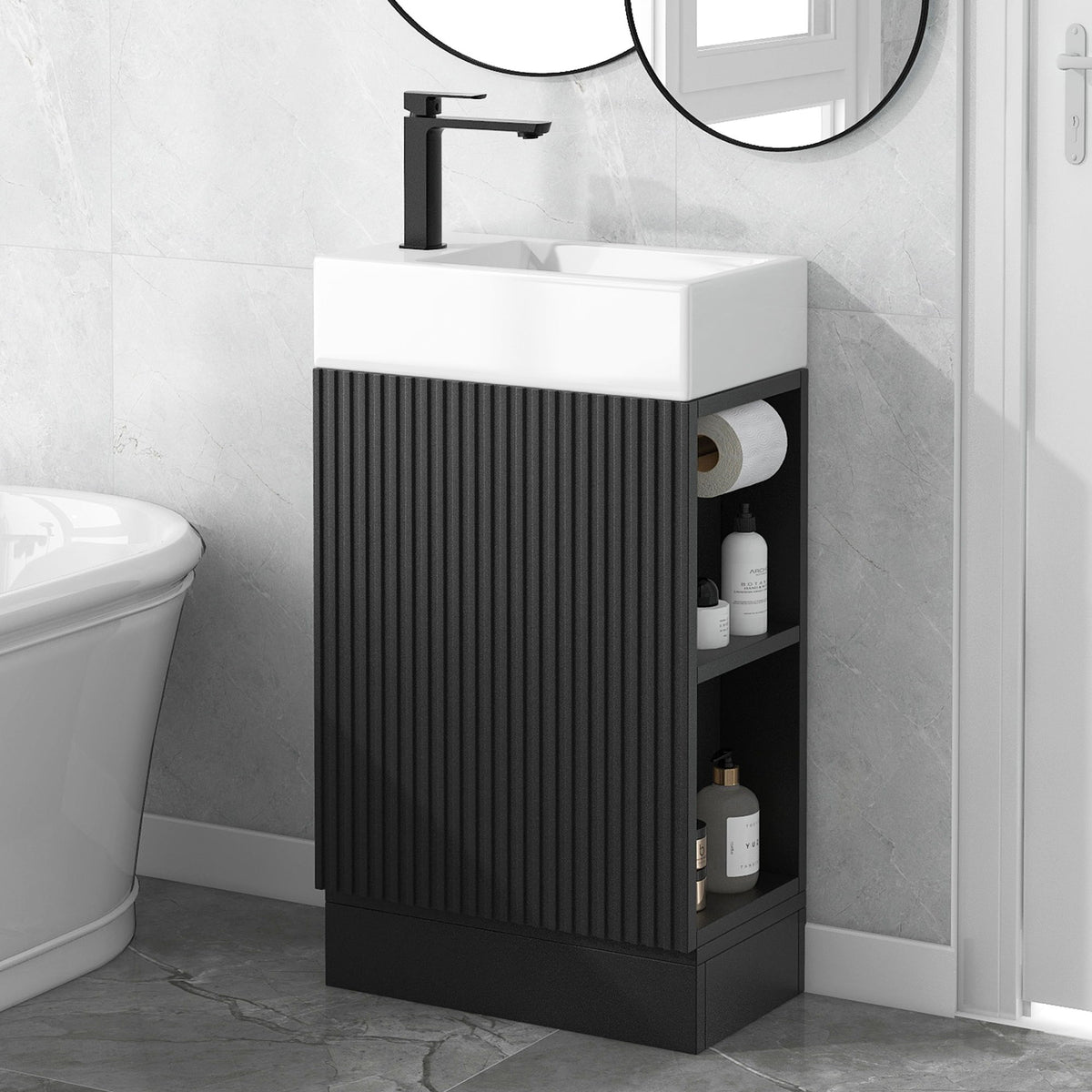 Tocador de baño moderno con lavabo y estante de 2 niveles