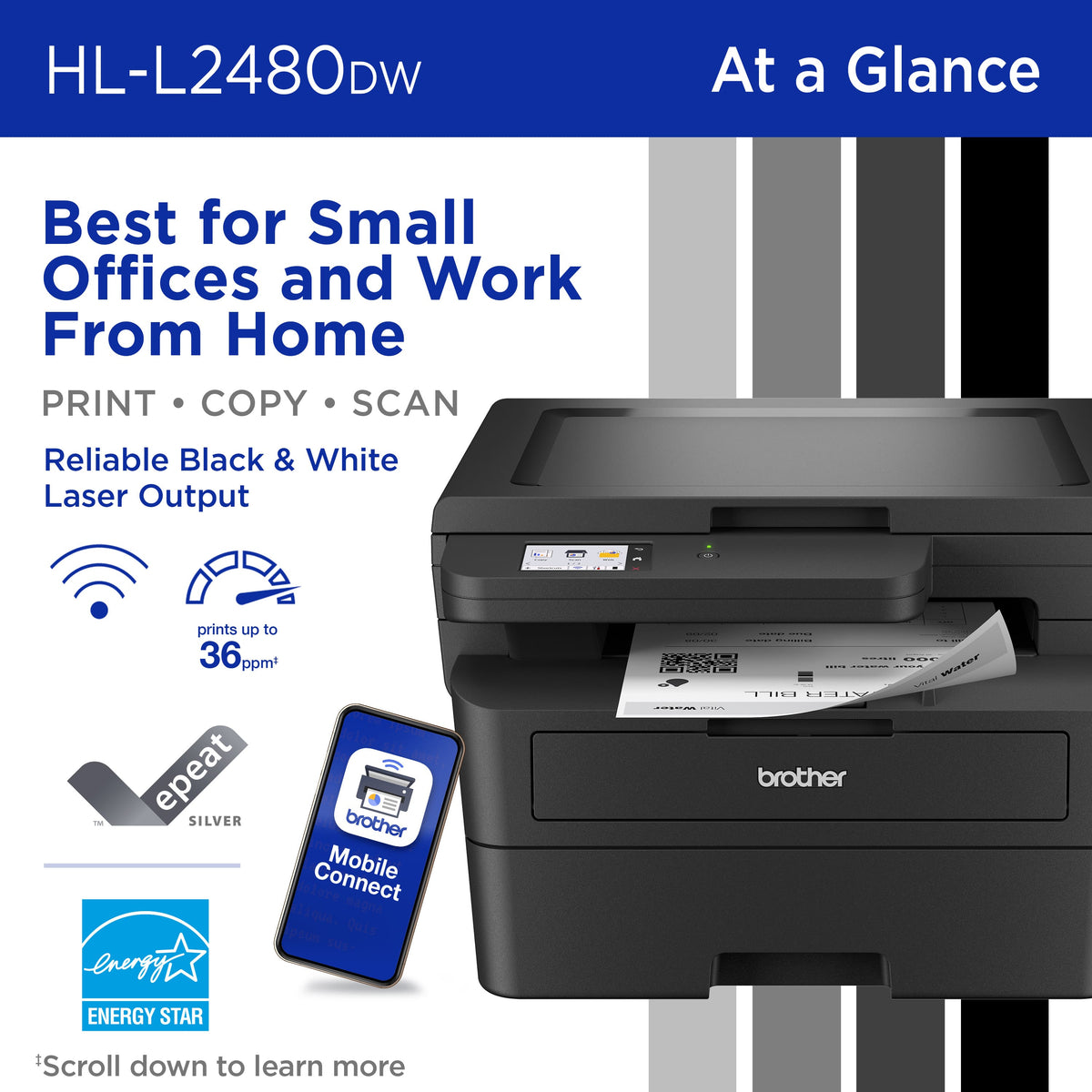 Brother - HL-L2480DW Wireless Black-and-White Refresh Subscription Eligible 3-in-1 Laser Printer, Great for Small Offices - Gray