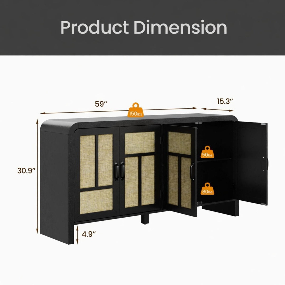 Aparador Buffet con 4 puertas y estantes ajustables - Negro