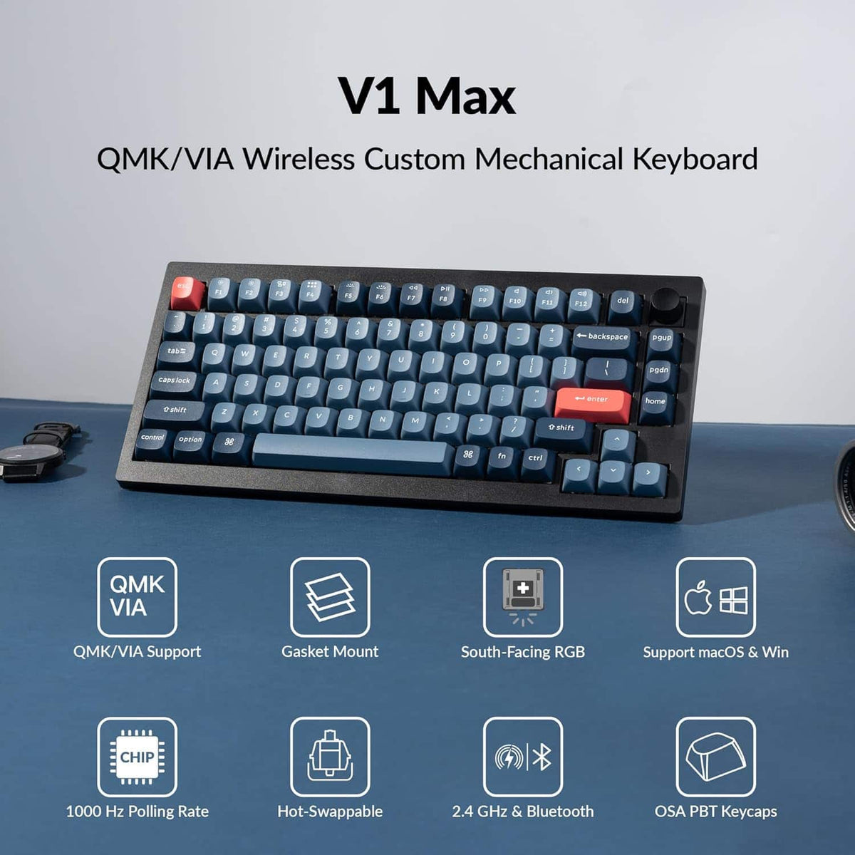 Keychron - V1 Max 75% Custom Wireless RGB Mechanical Keyboard with Programmable QMK/VIA Hot-Swappable Red Switch - Black