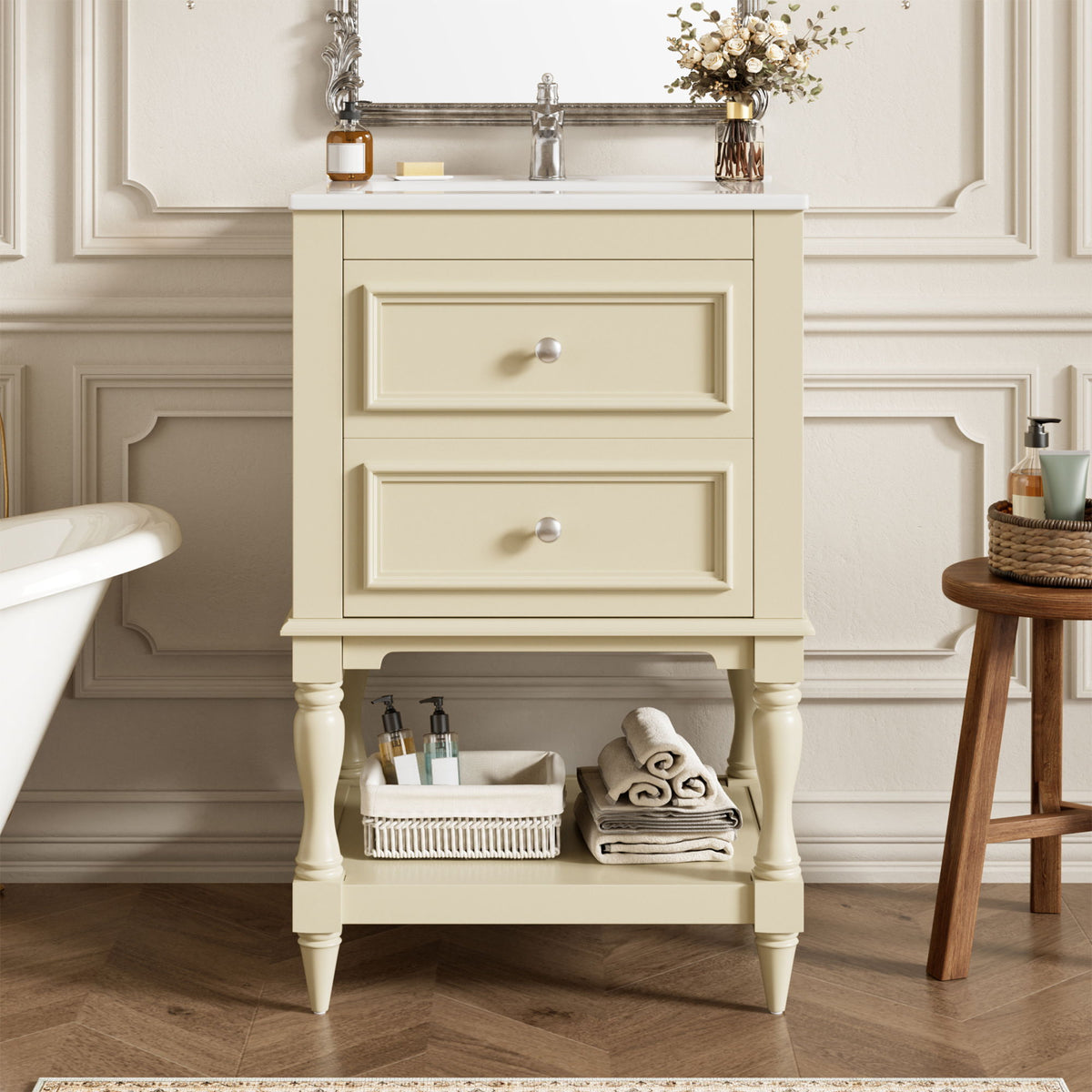 Tocador de baño de diseño retro con lavabo y gabinete de almacenamiento de 2 cajones