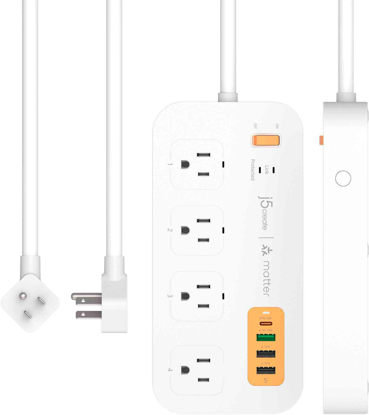 j5create - 4-Outlet/3-USB-A/1-USB-C 500J Smart Matter Enabled Surge Protector Power Strip - White & Orange