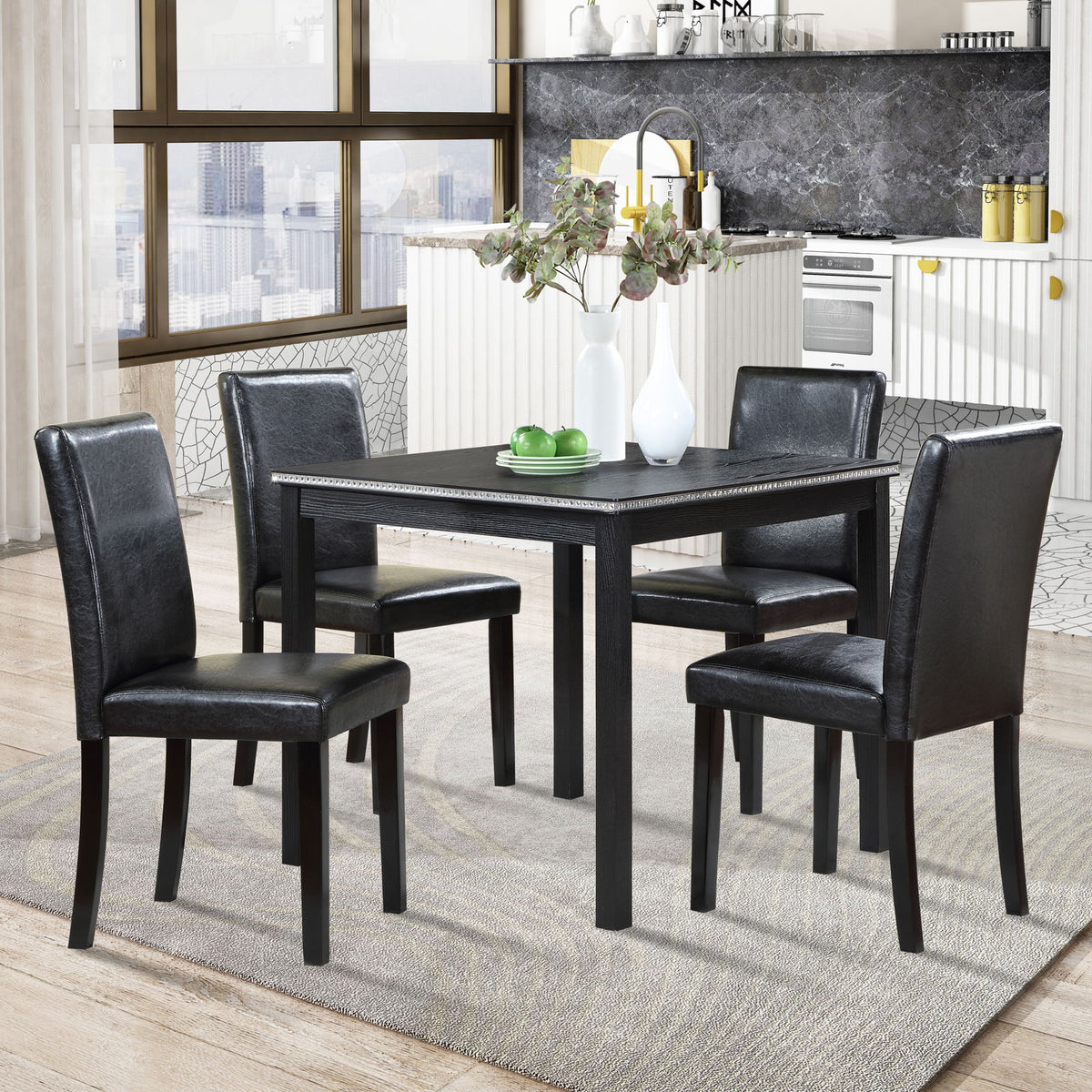 5 Pieces Wooden Dining Table Set, Square Table And 4 Upholstered Chairs