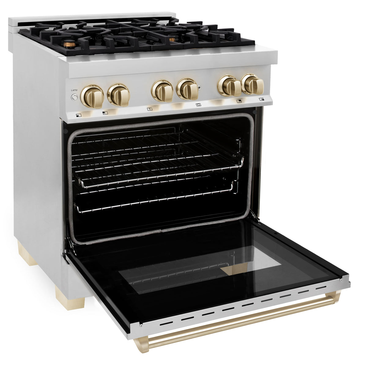 ZLINE - 30 in. Wide 4 Burner Autograph Legacy Dual Fuel Range with Polished Gold Accents (RAZ-30-G) - Stainless Steel/Polished Gold Accents