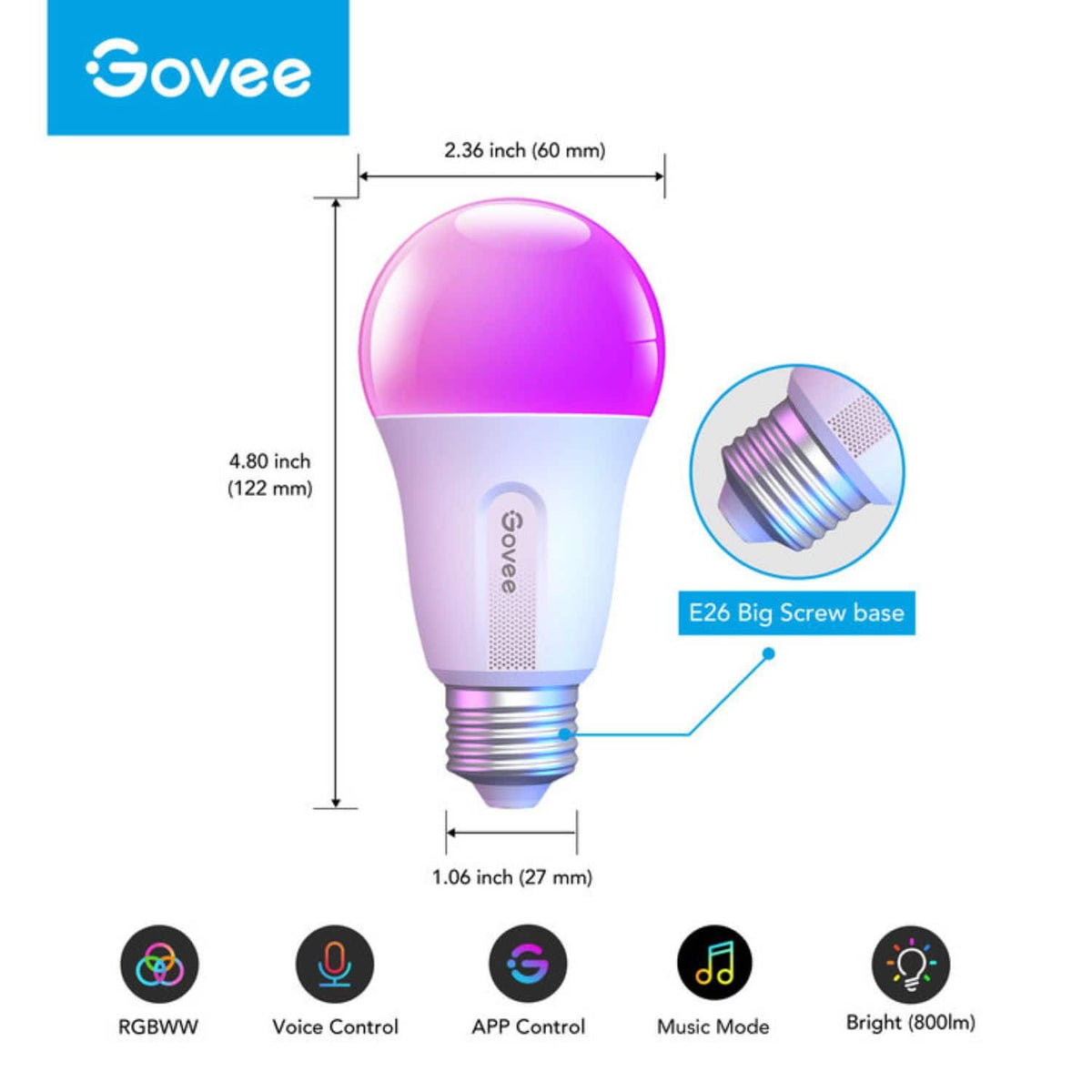 Govee - A19 800 Lumens Smart LED Bulb (4-Pack) - Multi