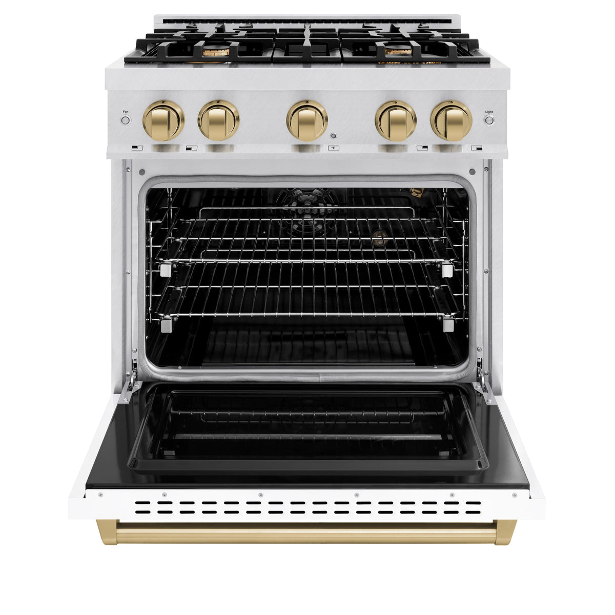 30 in. Wide 4 Burner ZLINE Autograph Classic Satin Steel Gas Range with Bronze Accents (CGRSZ-WM-30-CB) - White Matte
