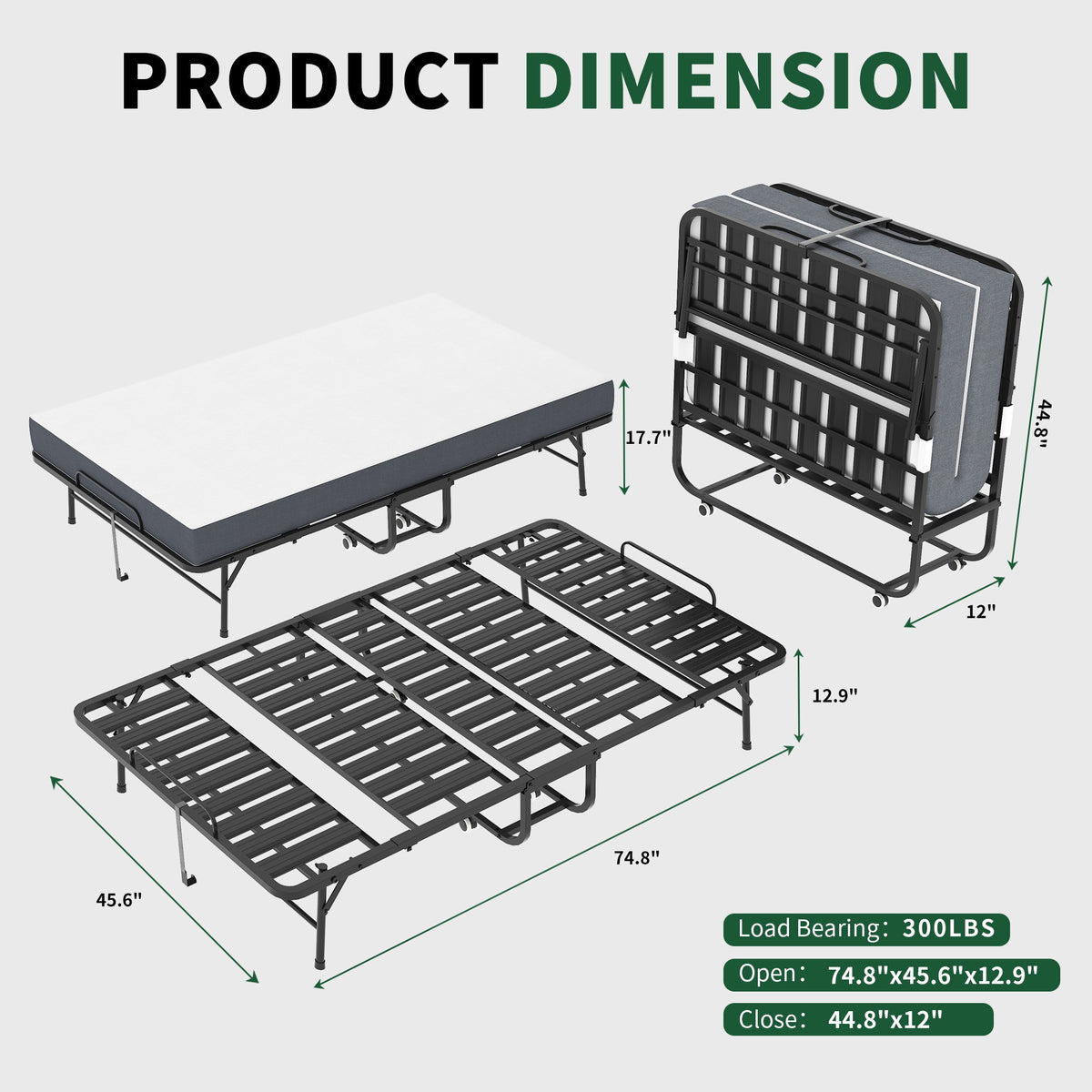 Cama Plegable Doble Ancha para Personas Altas, Extralarga y Ancha con Ruedas y Espuma Viscoelástica, Capacidad para Huéspedes de Alta Resistencia, Cuna Portátil Espaciosa - Negro