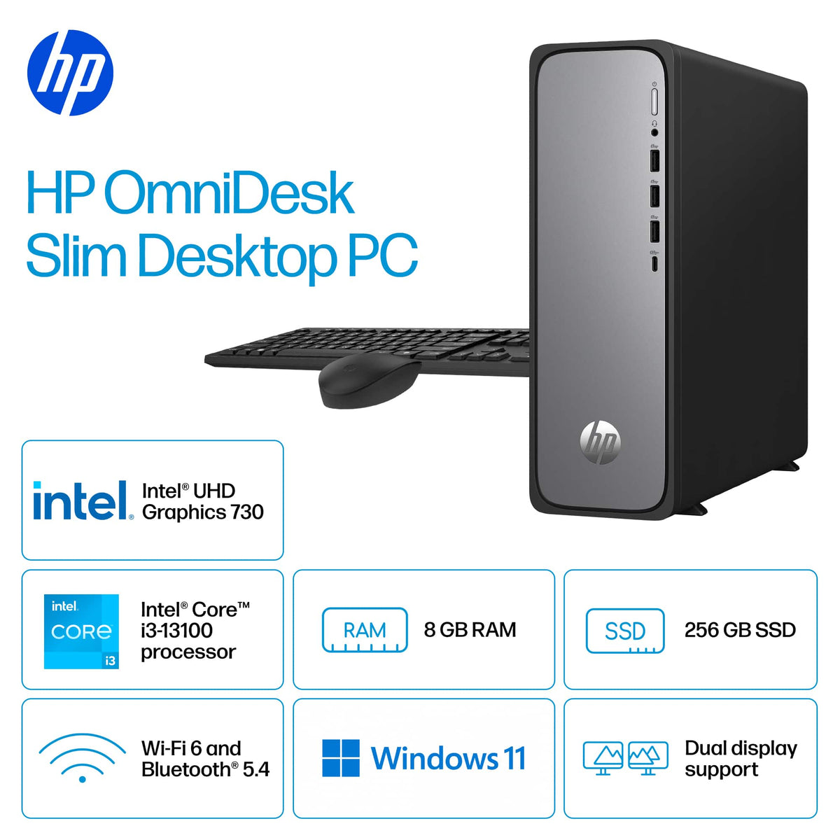 HP - OmniDesk Slim Desktop - Intel Core i3-13100 2023 - 8GB DDR5 Memory - 256GB SSD - Meteor Silver