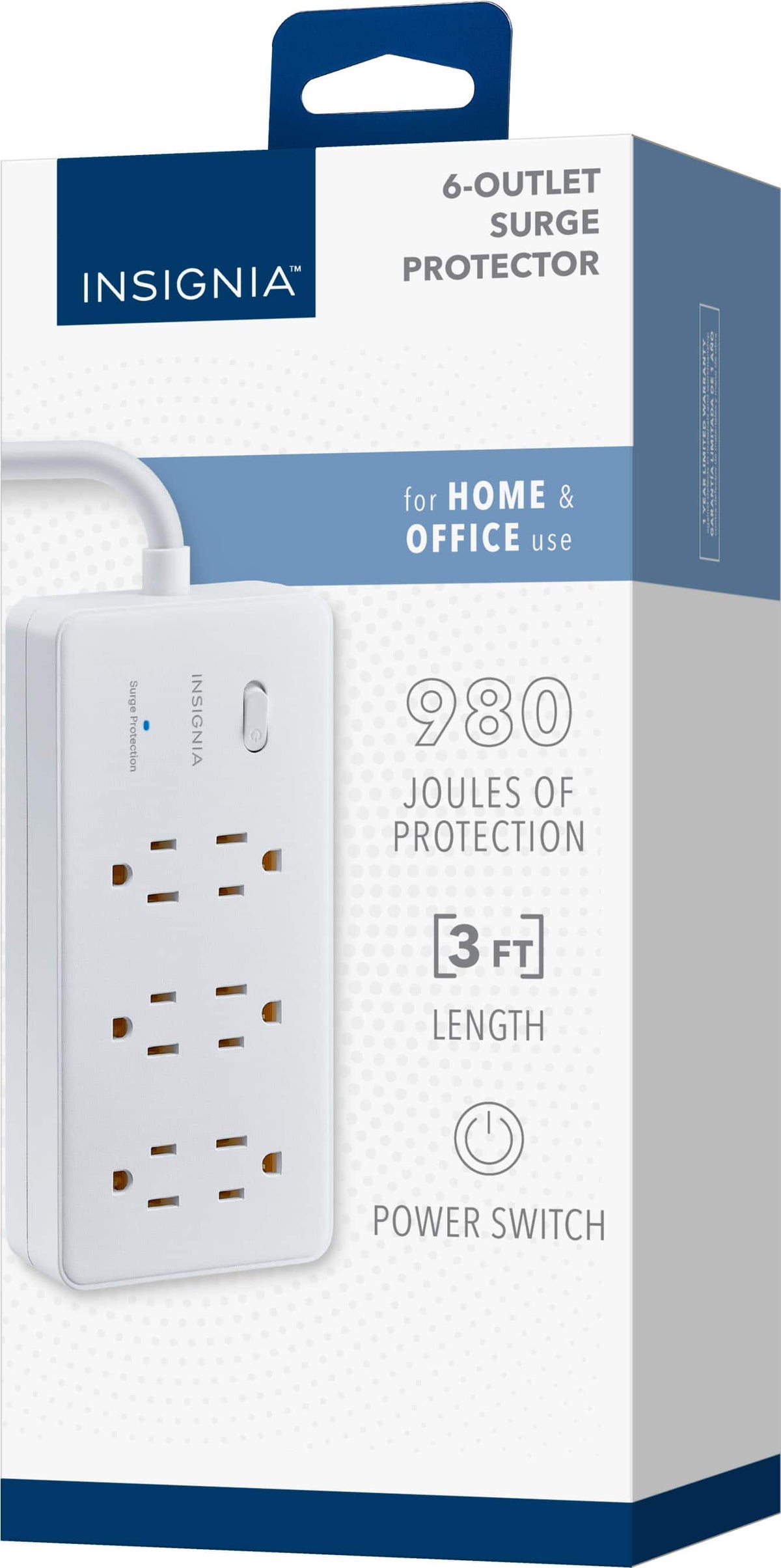 Insignia™ - 6-Outlet 980 Joules Surge Protector Strip with 3 ft. Power Cord - White