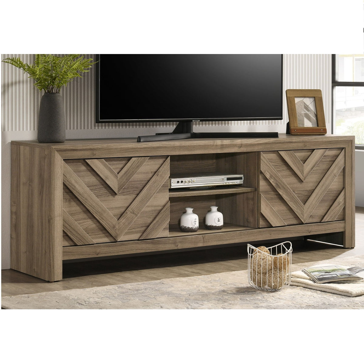 Chevron Patterned Living Room TV Stand - Light Brown