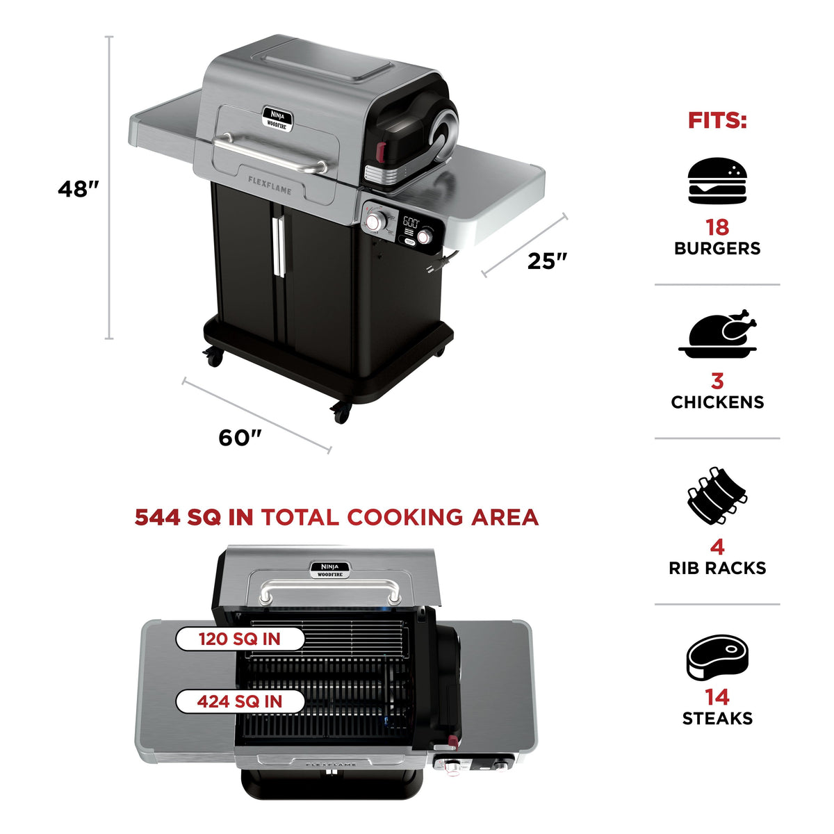 Ninja - FlexFlame Electric & Propane Grill, 5-in-1 Outdoor Cooking System - Stainless Steel