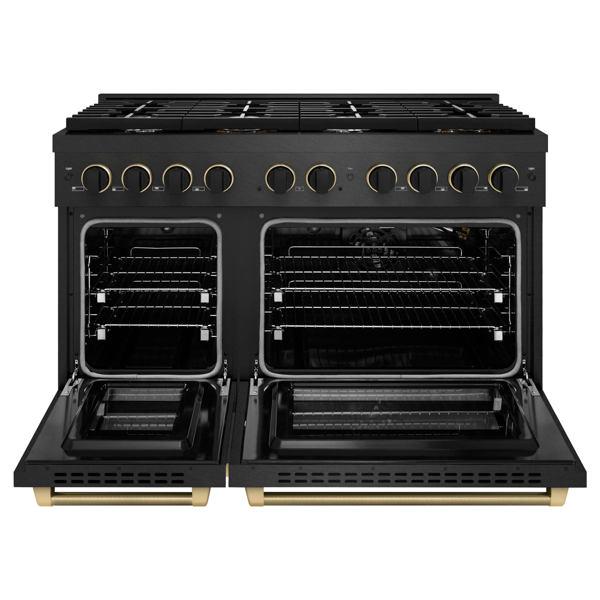 ZLINE - 48 in. Wide 8 Burner Designer 6.7 cu. ft. Double Oven Freestanding Gas Range with Black and Bronze Accents - Black Satin Stainless Steel