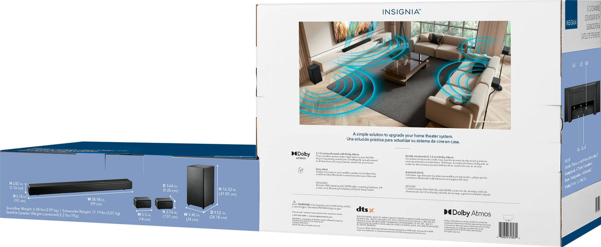 Insignia™ - 5.1.2 Channel Home Theater Soundbar with Wireless Subwoofer and Rear Speakers, Dolby Atmos, DTS:X, Bluetooth - Black
