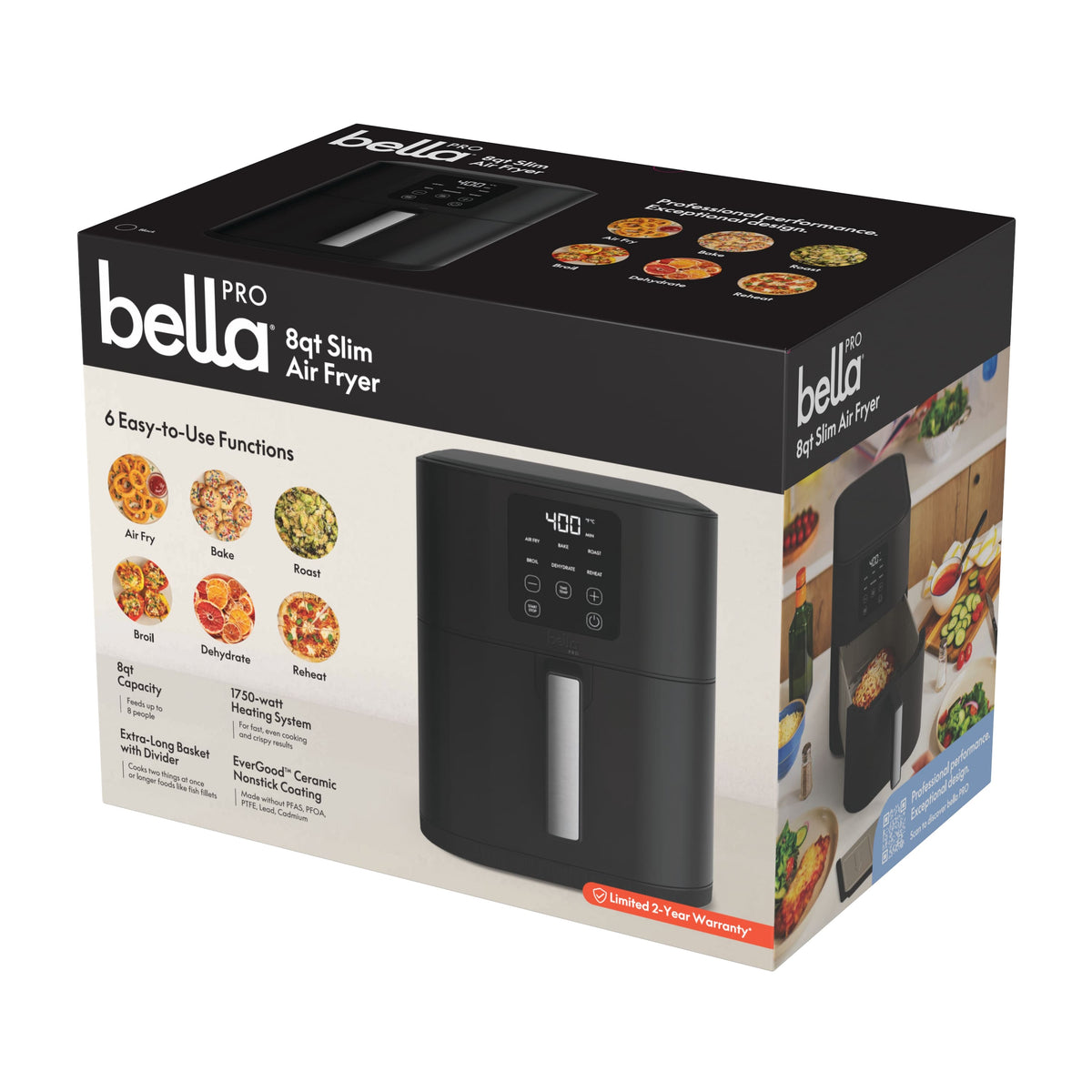 bella PRO - 8-qt. Slim Dual Flex Basket Air Fryer with 6 Easy-to-Use Functions - Black