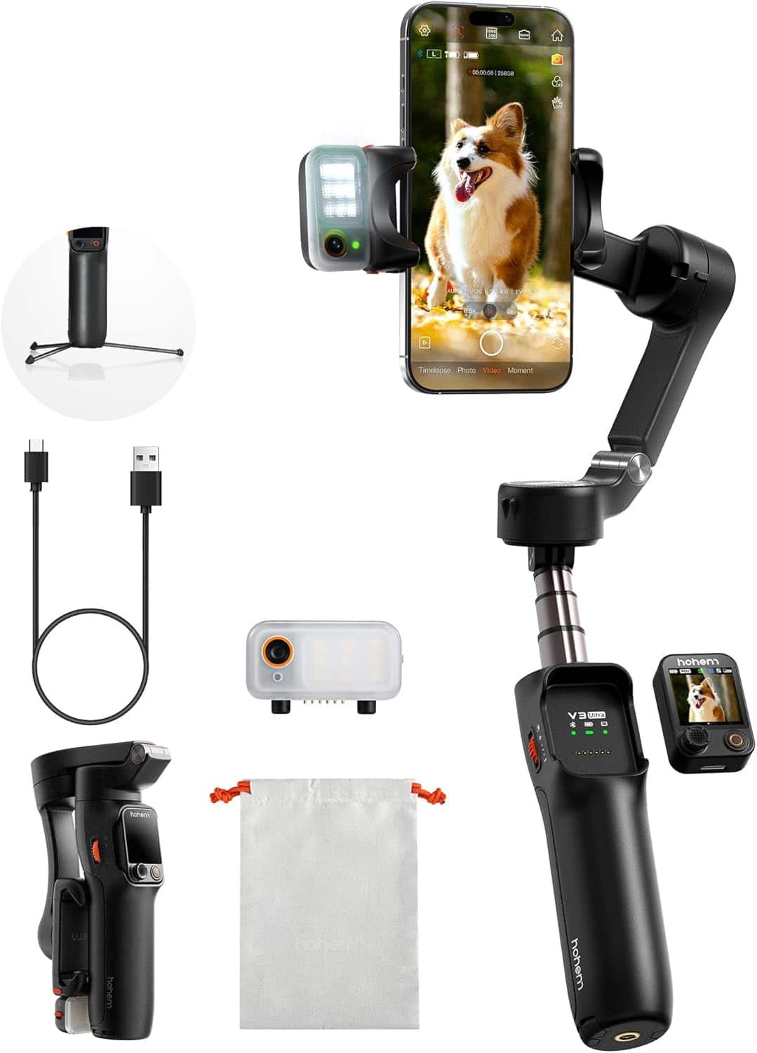 Hohem - iSteady V3 Ultra 3-Axis Gimbal Stabilizer for Smartphone w/ AI Tracking, Detachable Touch Remote, Tripod, & Light - Black