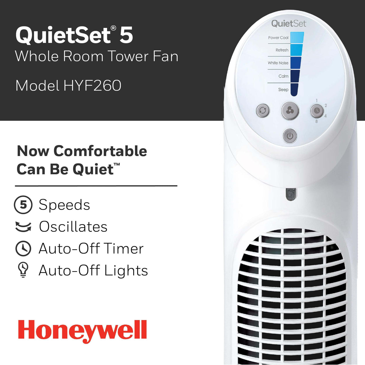 Honeywell - QuietSet 5-Speed Oscillating Tower Fan HYF260W - White