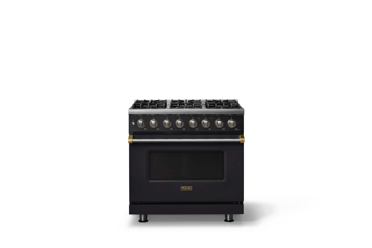 Viking - 36"W 5.6 Cu.Ft. Pro5S Freestanding Sealed 6 Burner Dual Fuel Convection LP Range - Onyx w. Brushed Brass Trim - Onyx