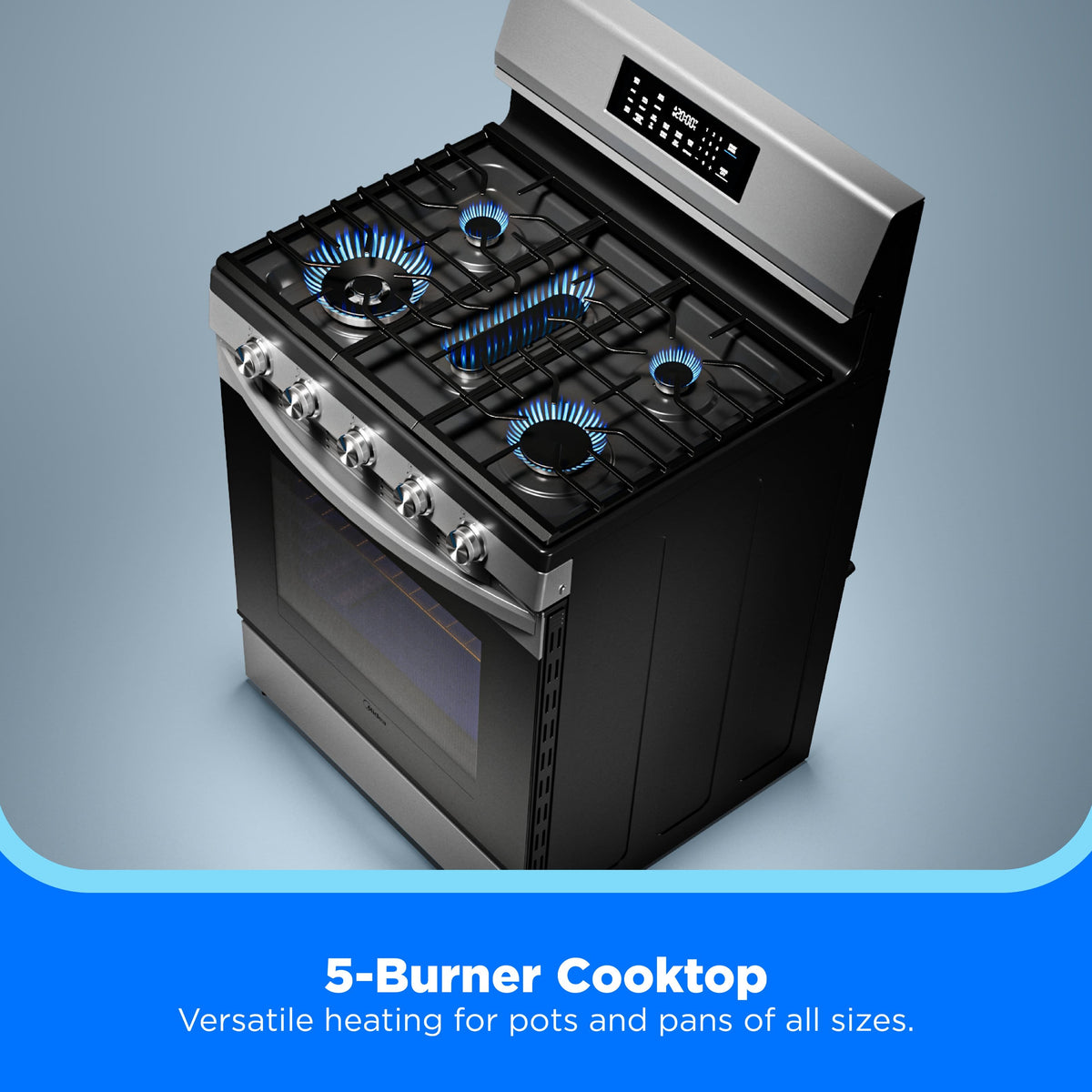 Midea - 30 in. Wide 6.1 cu. ft. 5-Burner Freestanding Gas Range with Sapphire Blue Interior, Self Clean, Air Fry, 18k Dual-Valve - Stainless Steel