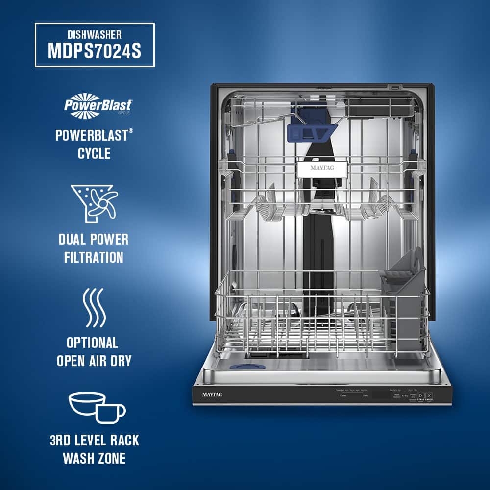 Maytag - 24 inch Top Control Built-In Dishwasher with 3rd Rack,PowerBlast Cycle, and 47 dBA - Stainless Steel