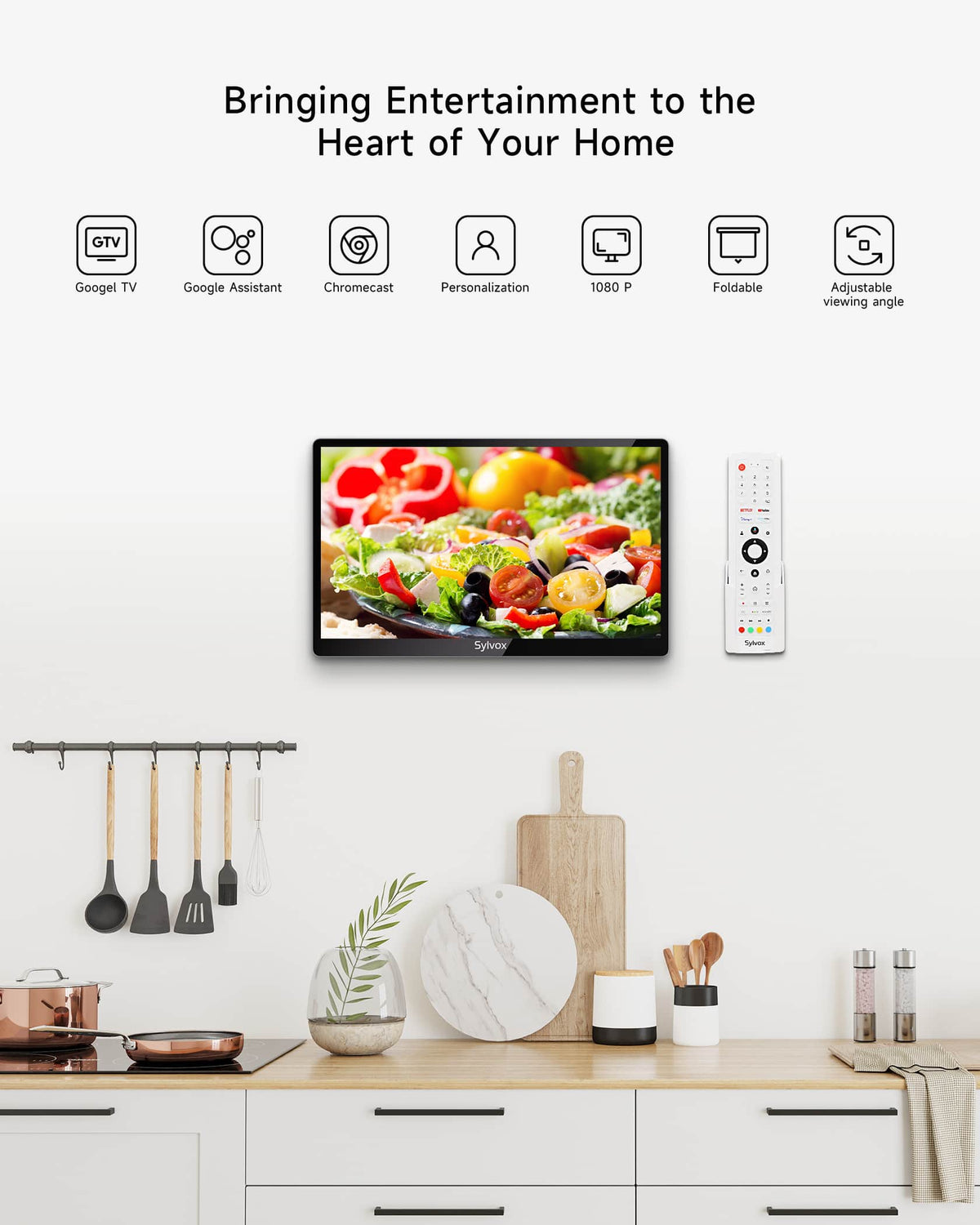 Sylvox - 15.6" Mini Under Cabinet Smart TV for Kitchen, 1080P Full HD Google TV with Voice Remote