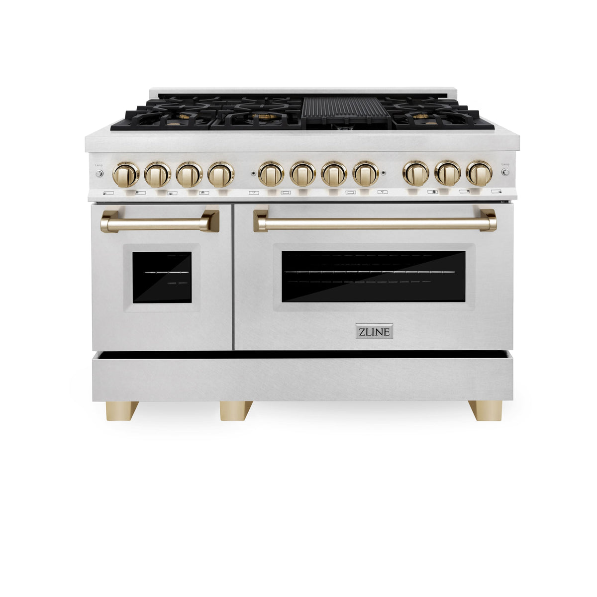 48 in. Wide 8 Burner ZLINE Autograph Legacy Dual Fuel Range in Satin Steel & Gold Accents (RASZ-SN-48-G) - Stainless Steel