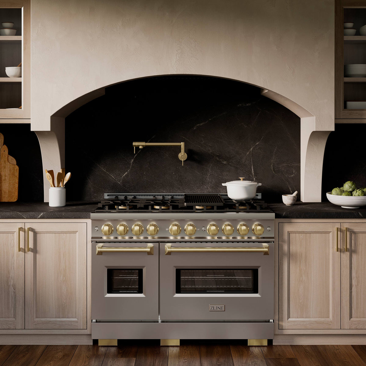 ZLINE - Autograph 48 in. 6.7 cu. ft. Classic Freestanding DuoPro Dual Fuel Range with Convection Oven & Bronze Accents - Satin Stainless Steel