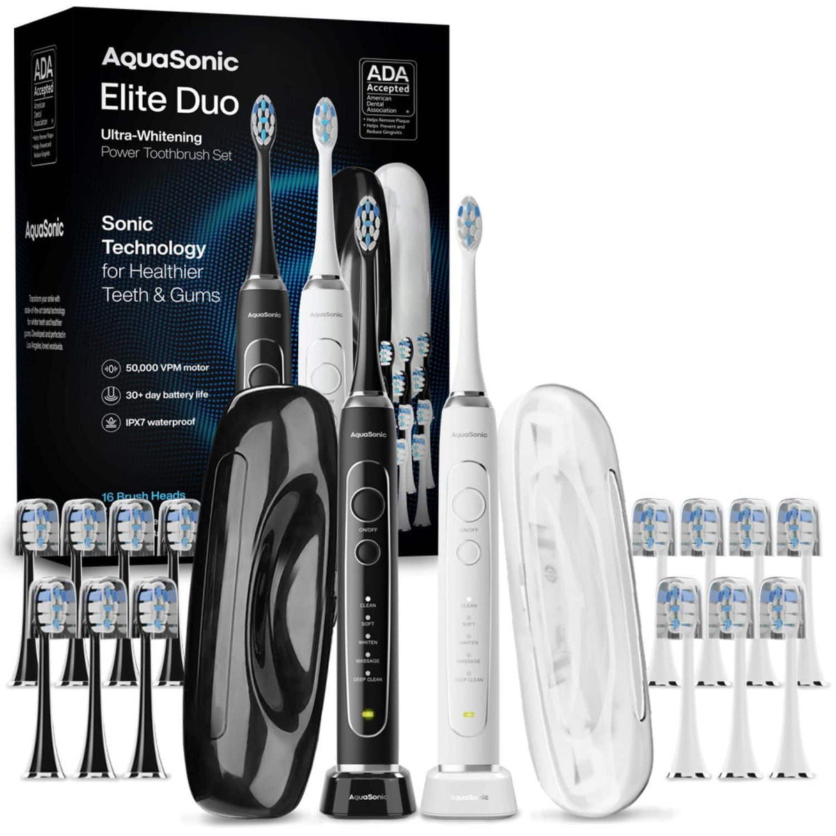 AquaSonic - Elite Duo Rechargeable Electric Toothbrush Set – ADA Accepted, 5 Modes, 2 Travel Cases, 16 Brush Heads - White/Black