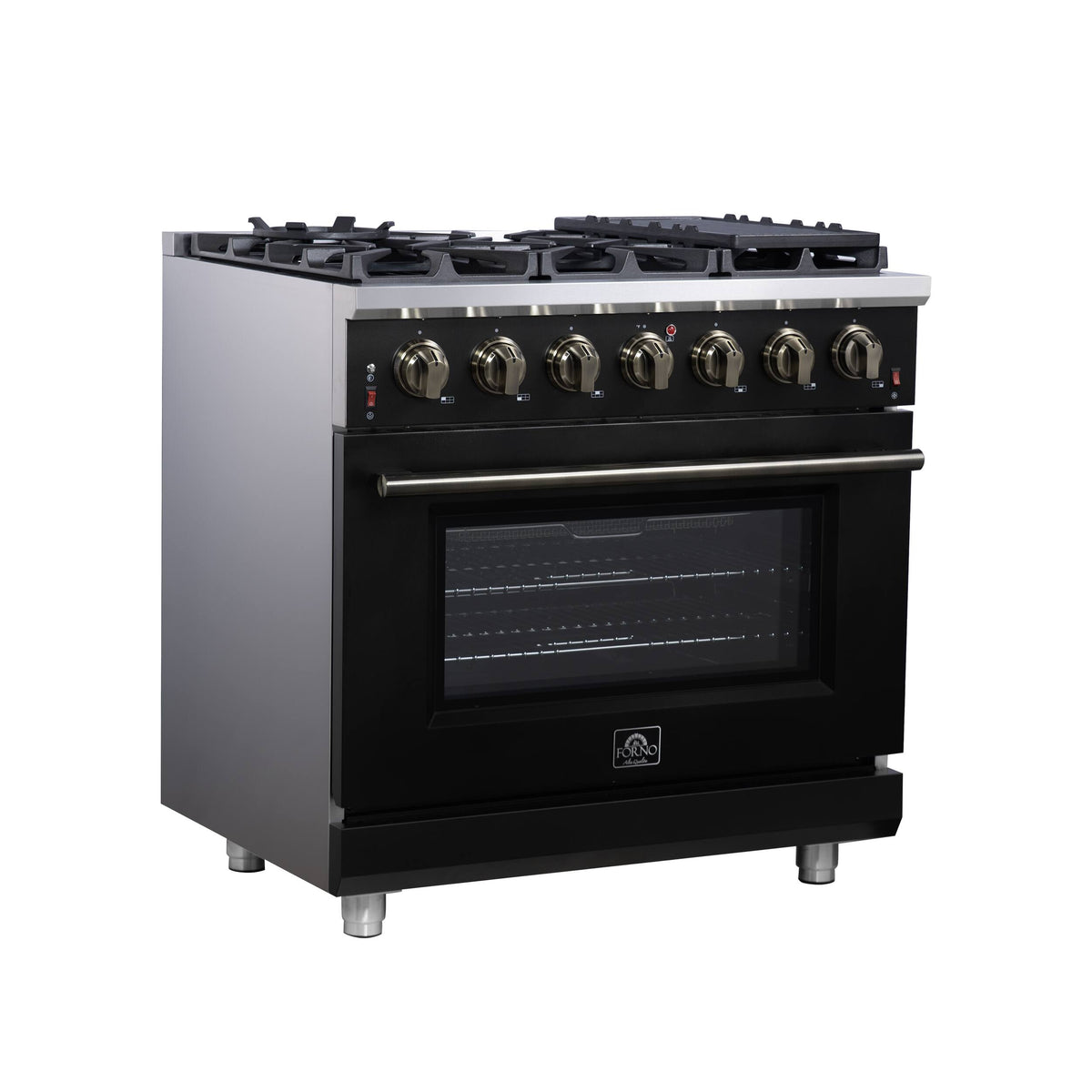 Forno Appliances - 36 in. Wide 6 Burner Massimo 5.36 Cu. Ft. Freestanding Gas Convection Range with Air Fryer Kit, Wok Support & Griddle - Black