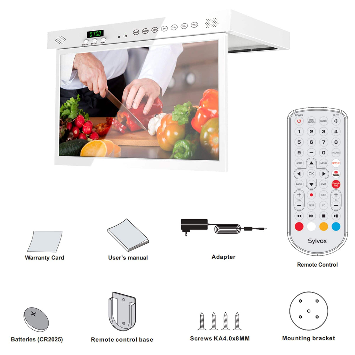 Sylvox - 15.6" Class Under Cabinet Smart Kitchen TV, 1080P HD Google TV, 360° Rotation & 90° Flip-Down Screen Space-Saving Design