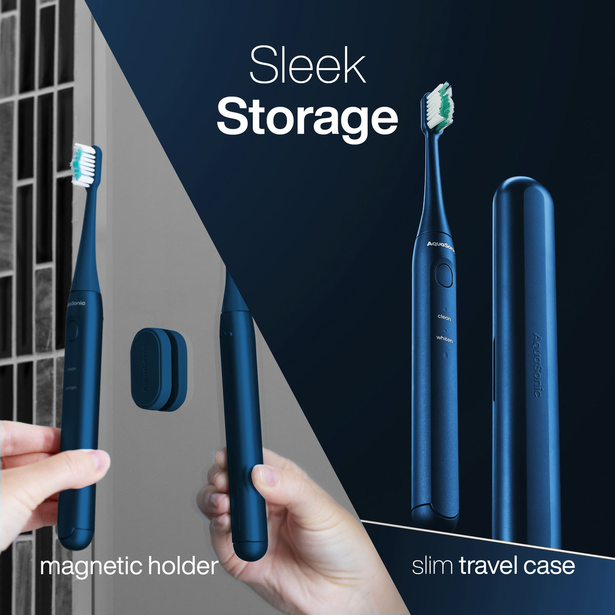 AquaSonic - Icon ADA-Accepted Rechargeable Toothbrush- Magnetic Holder & Slim Travel Case - 2 Brushing Modes & Smart Timers - Navy