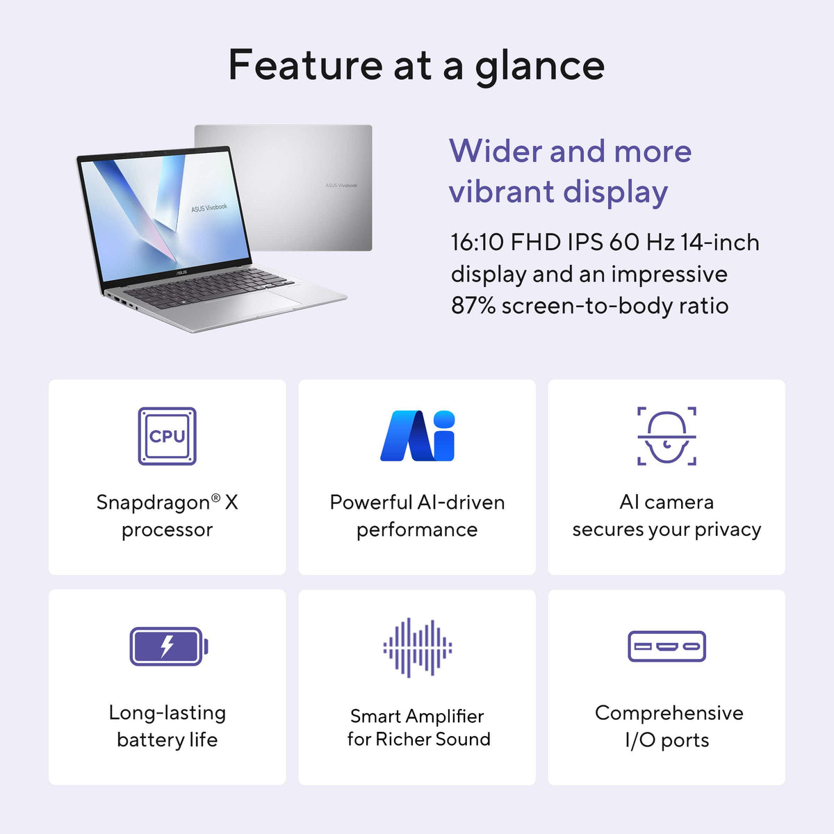 ASUS - Vivobook 14 14" 2K Laptop - Snapdragon X (2026) - 8GB Memory - 256GB Storage - Copilot+ PC - Cool Silver