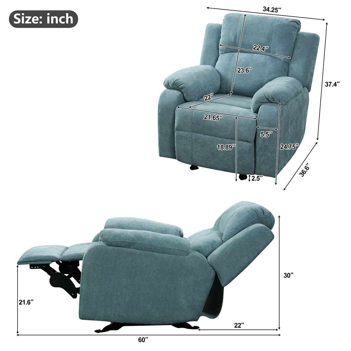 Sillón reclinable manual tapizado con 3 posiciones de respaldo ajustables